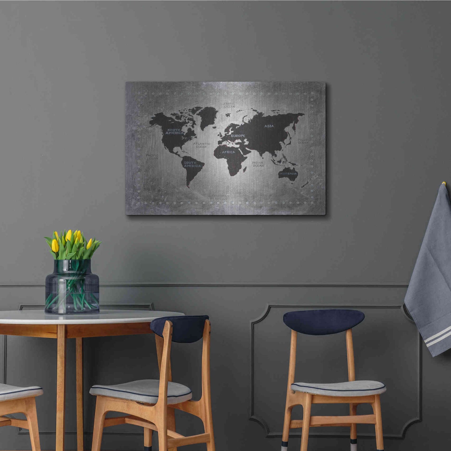 Luxe Metal Art 'Riveting World Map' by James Wiens, Metal Wall Art,36x24