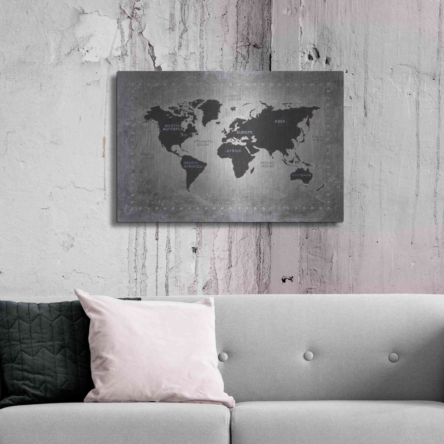 Luxe Metal Art 'Riveting World Map' by James Wiens, Metal Wall Art,36x24