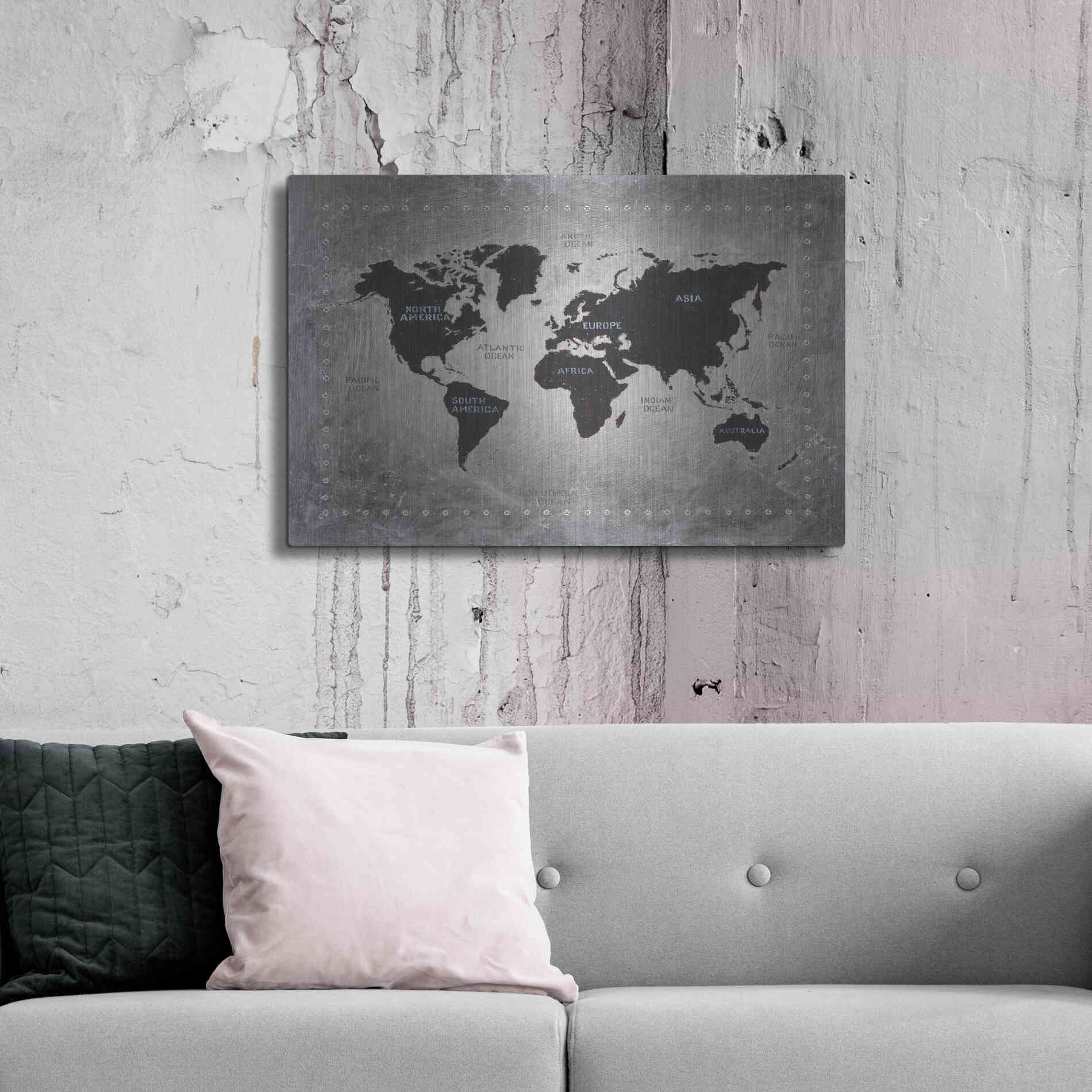 Luxe Metal Art 'Riveting World Map' by James Wiens, Metal Wall Art,36x24