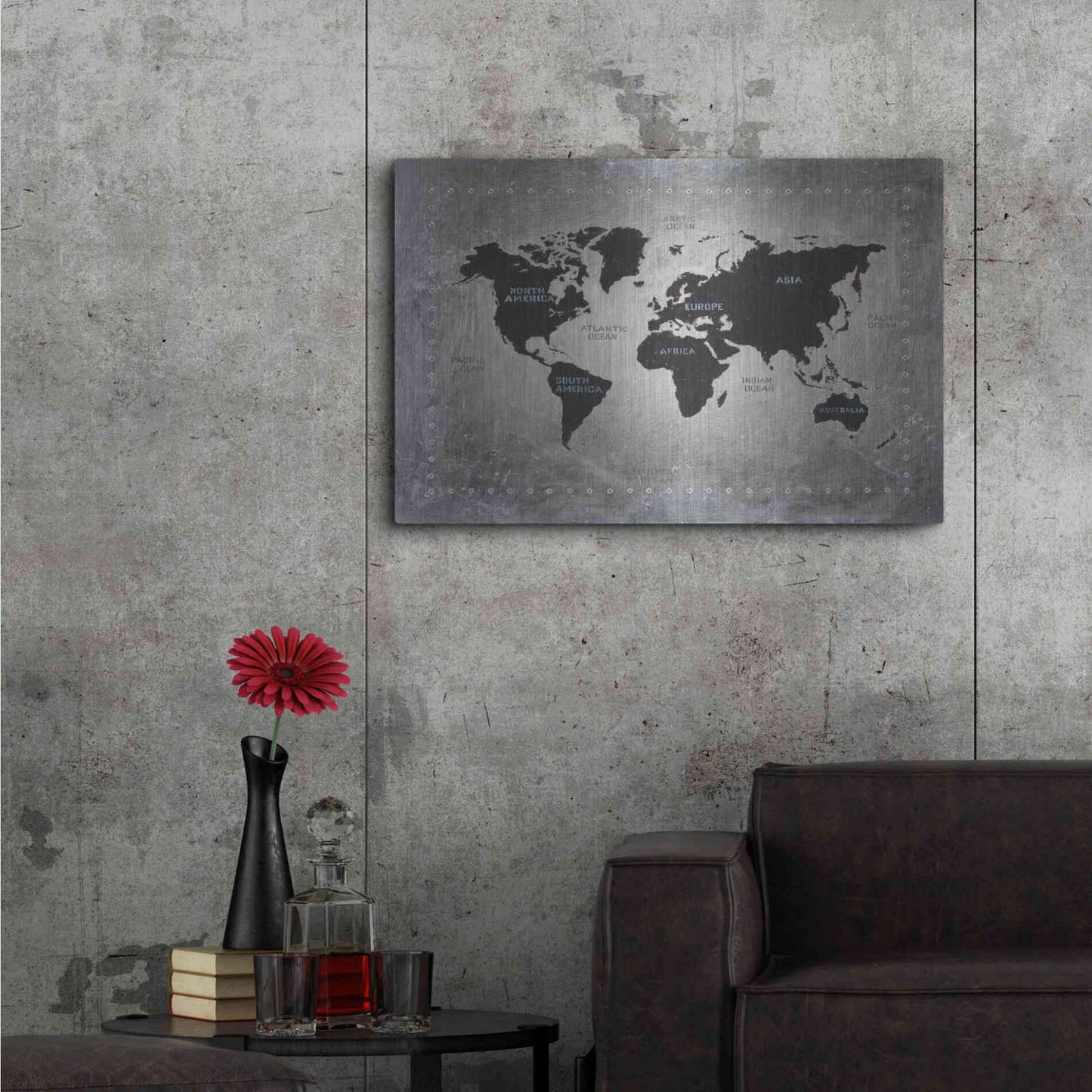Luxe Metal Art 'Riveting World Map' by James Wiens, Metal Wall Art,36x24