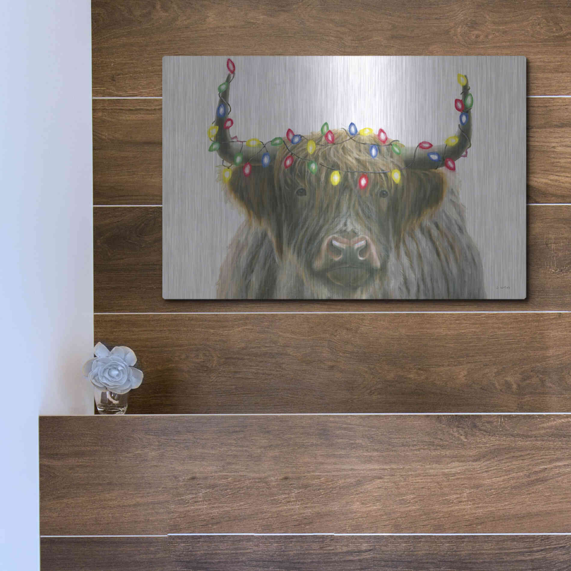 Luxe Metal Art 'Holiday Highlander' by James Wiens, Metal Wall Art,16x12