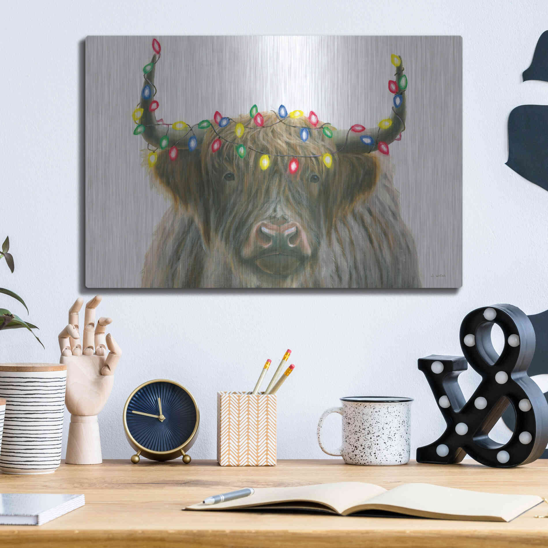 Luxe Metal Art 'Holiday Highlander' by James Wiens, Metal Wall Art,16x12