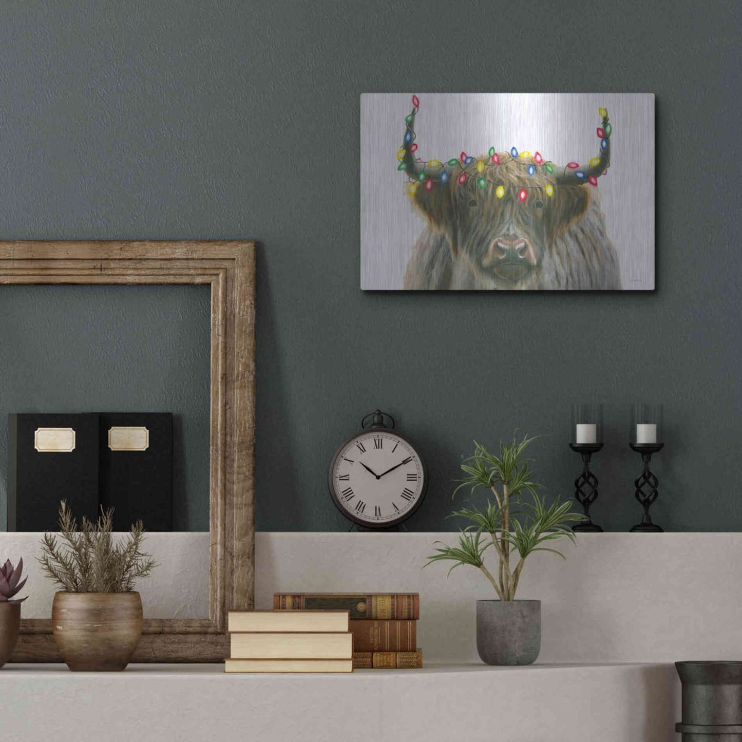 Luxe Metal Art 'Holiday Highlander' by James Wiens, Metal Wall Art,16x12