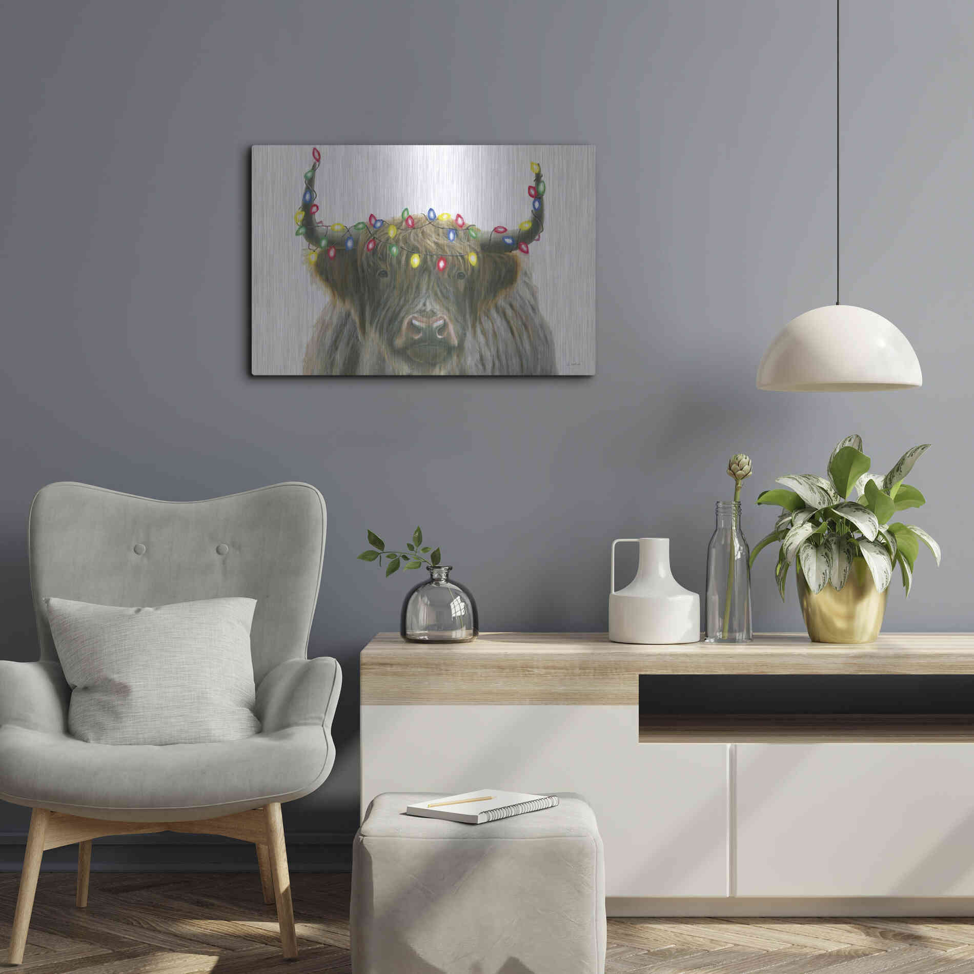Luxe Metal Art 'Holiday Highlander' by James Wiens, Metal Wall Art,24x16