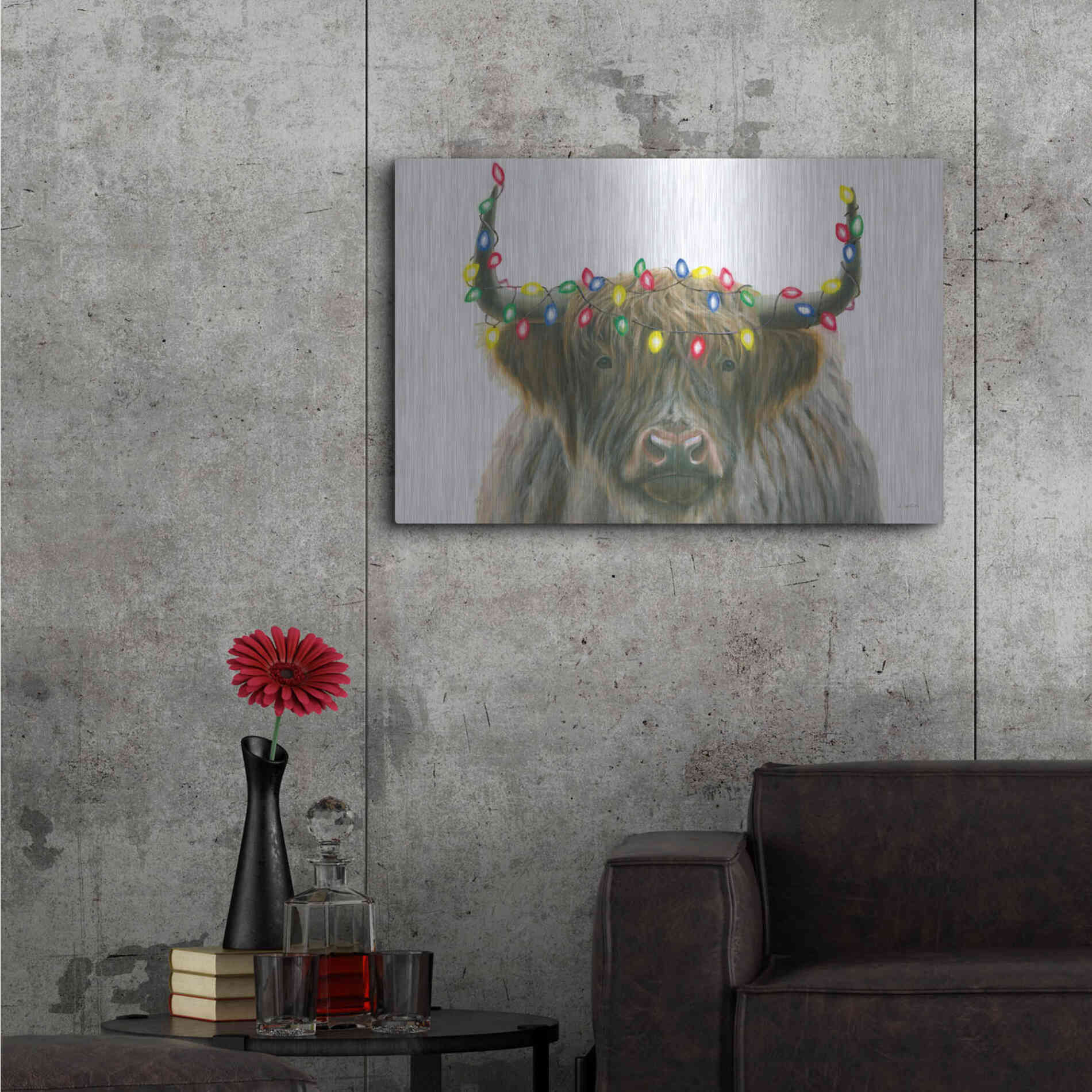 Luxe Metal Art 'Holiday Highlander' by James Wiens, Metal Wall Art,36x24