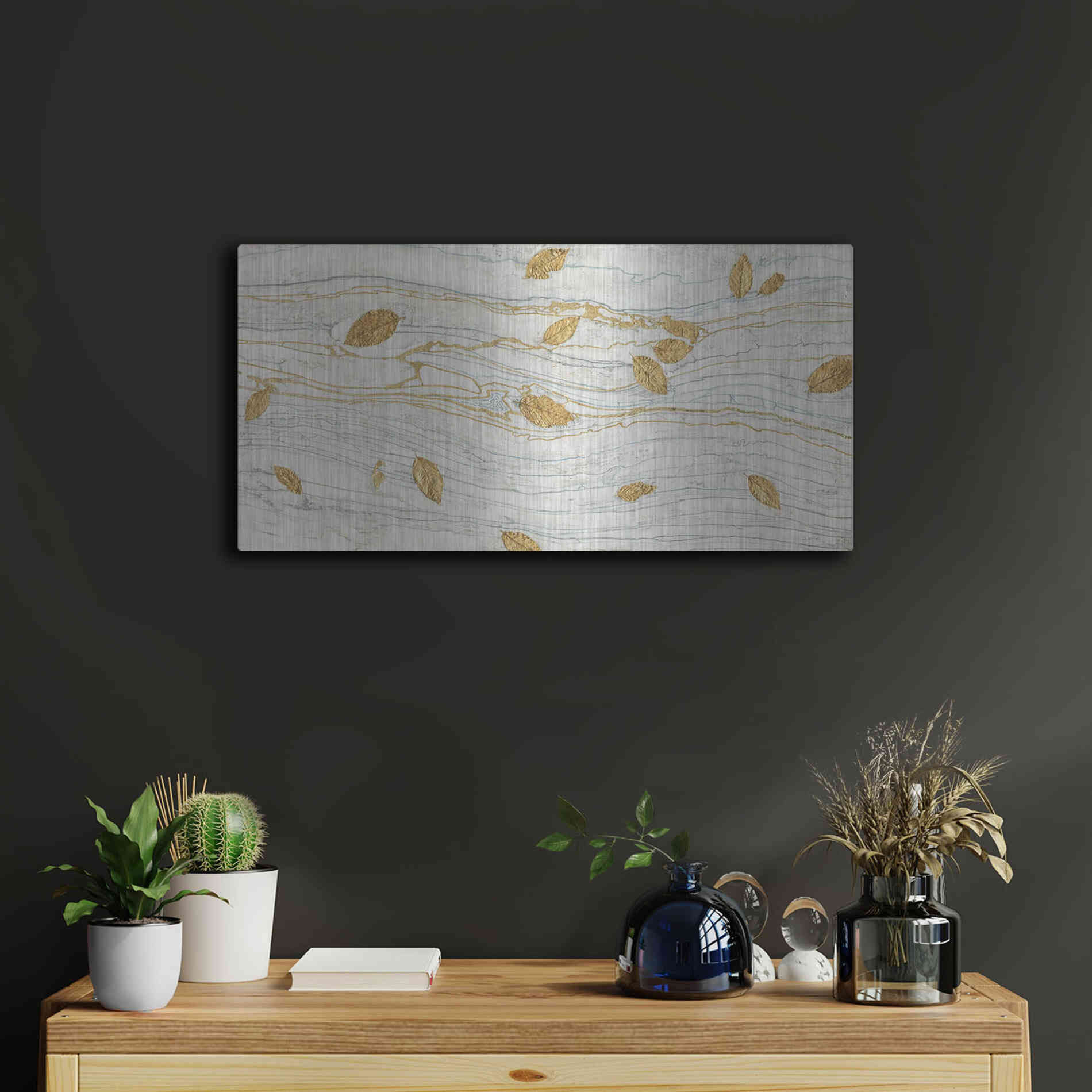 Luxe Metal Art 'Golden Fossil Leaves' by James Wiens, Metal Wall Art,24x12