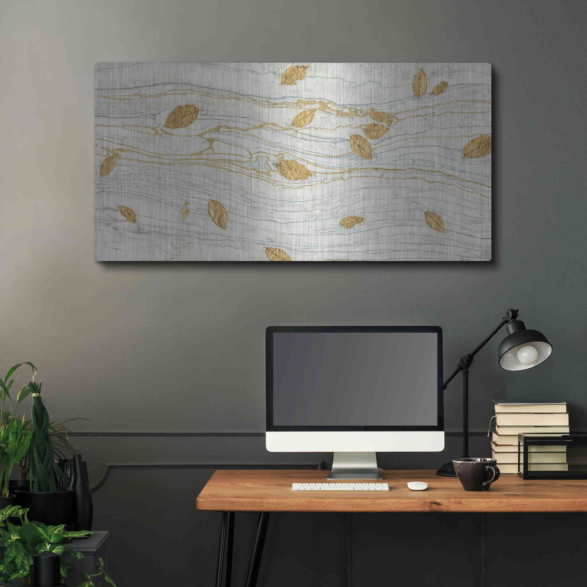 Luxe Metal Art 'Golden Fossil Leaves' by James Wiens, Metal Wall Art,48x24