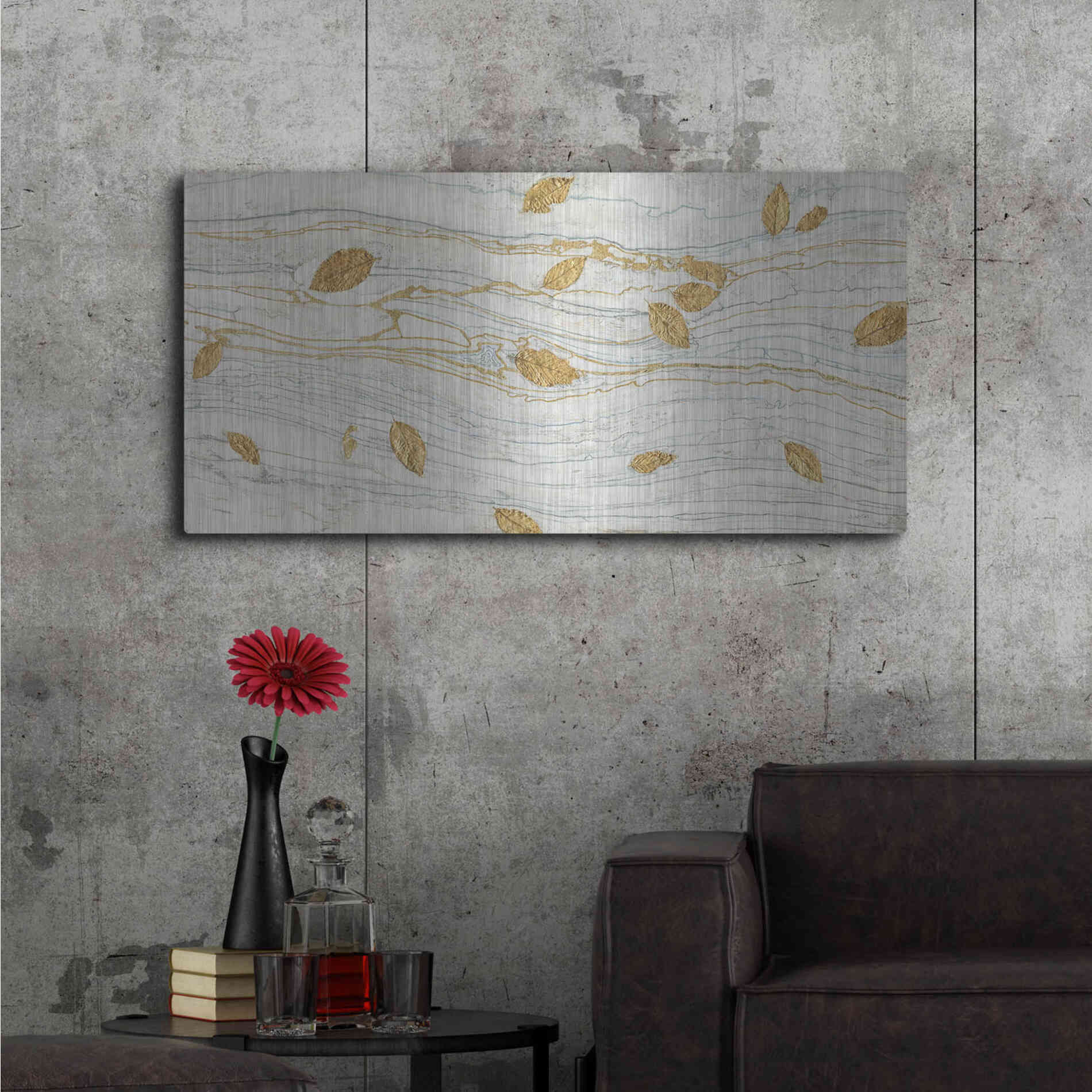 Luxe Metal Art 'Golden Fossil Leaves' by James Wiens, Metal Wall Art,48x24