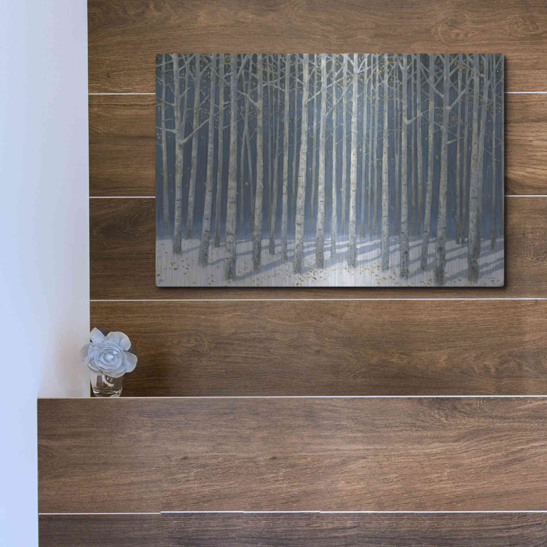 Luxe Metal Art 'Shimmering Birches' by James Wiens, Metal Wall Art,16x12