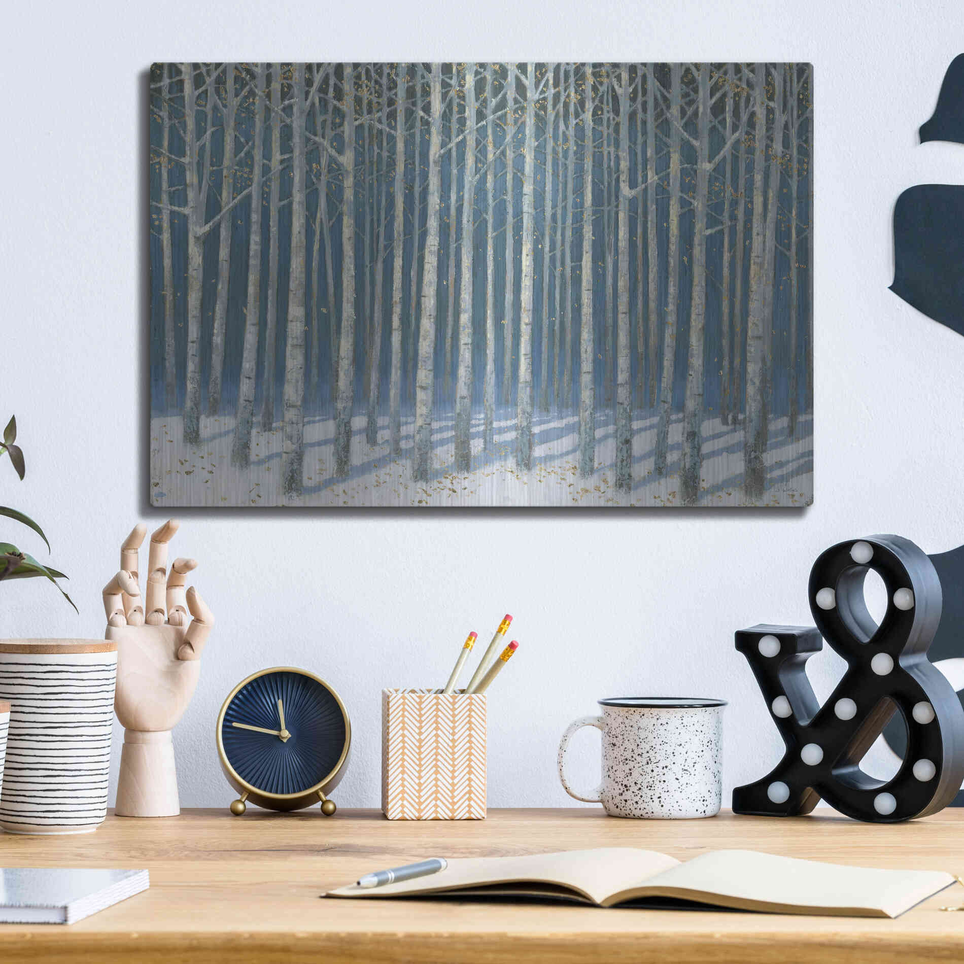 Luxe Metal Art 'Shimmering Birches' by James Wiens, Metal Wall Art,16x12