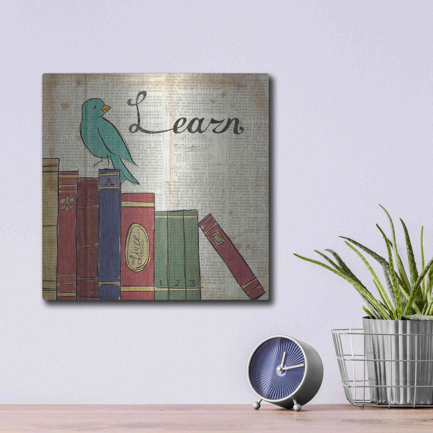 Luxe Metal Art 'Bird Inspiration Learn' by Elyse DeNeige, Metal Wall Art,12x12