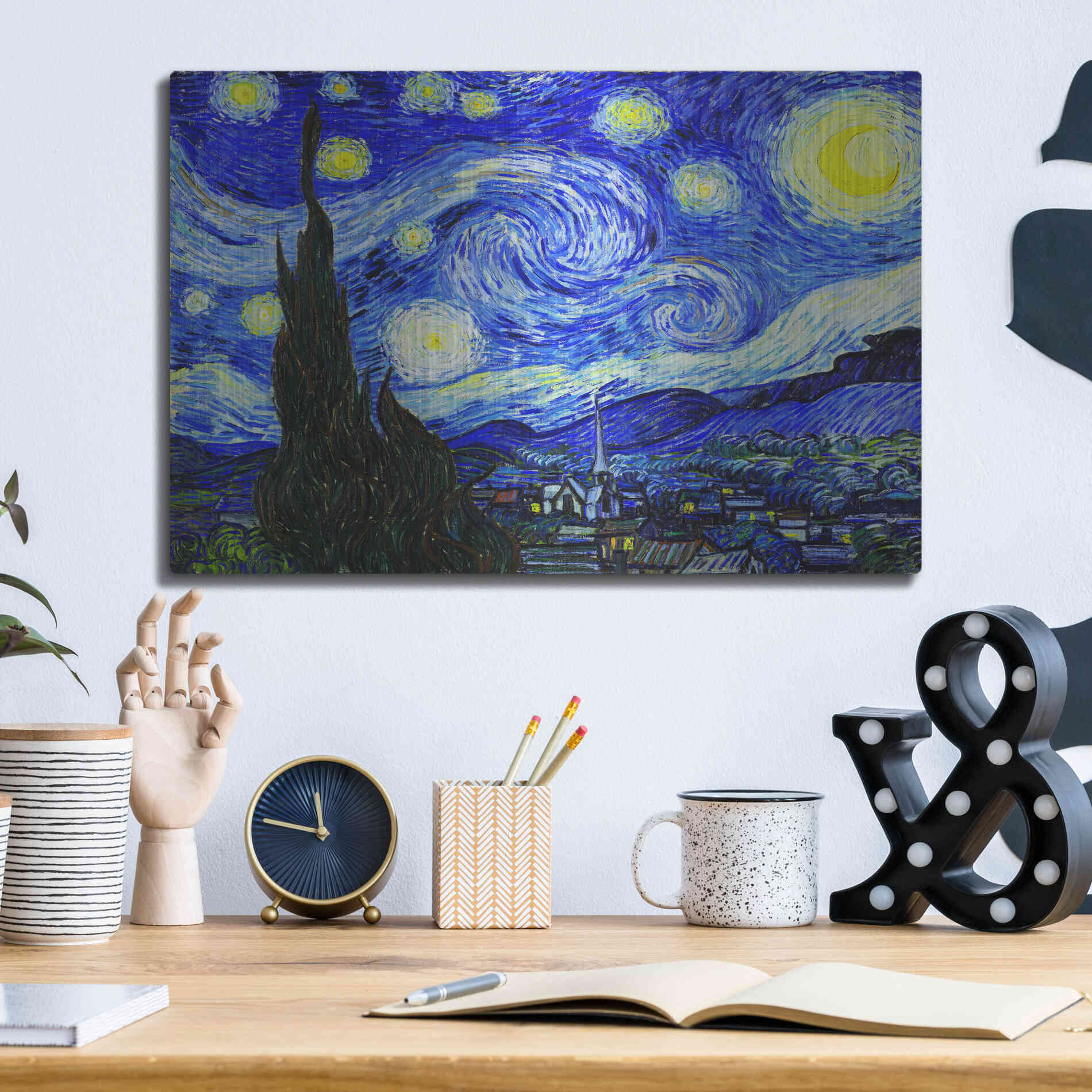 Luxe Metal Art 'The Starry Night' by Vincent Van Gogh, Metal Wall Art,16x12