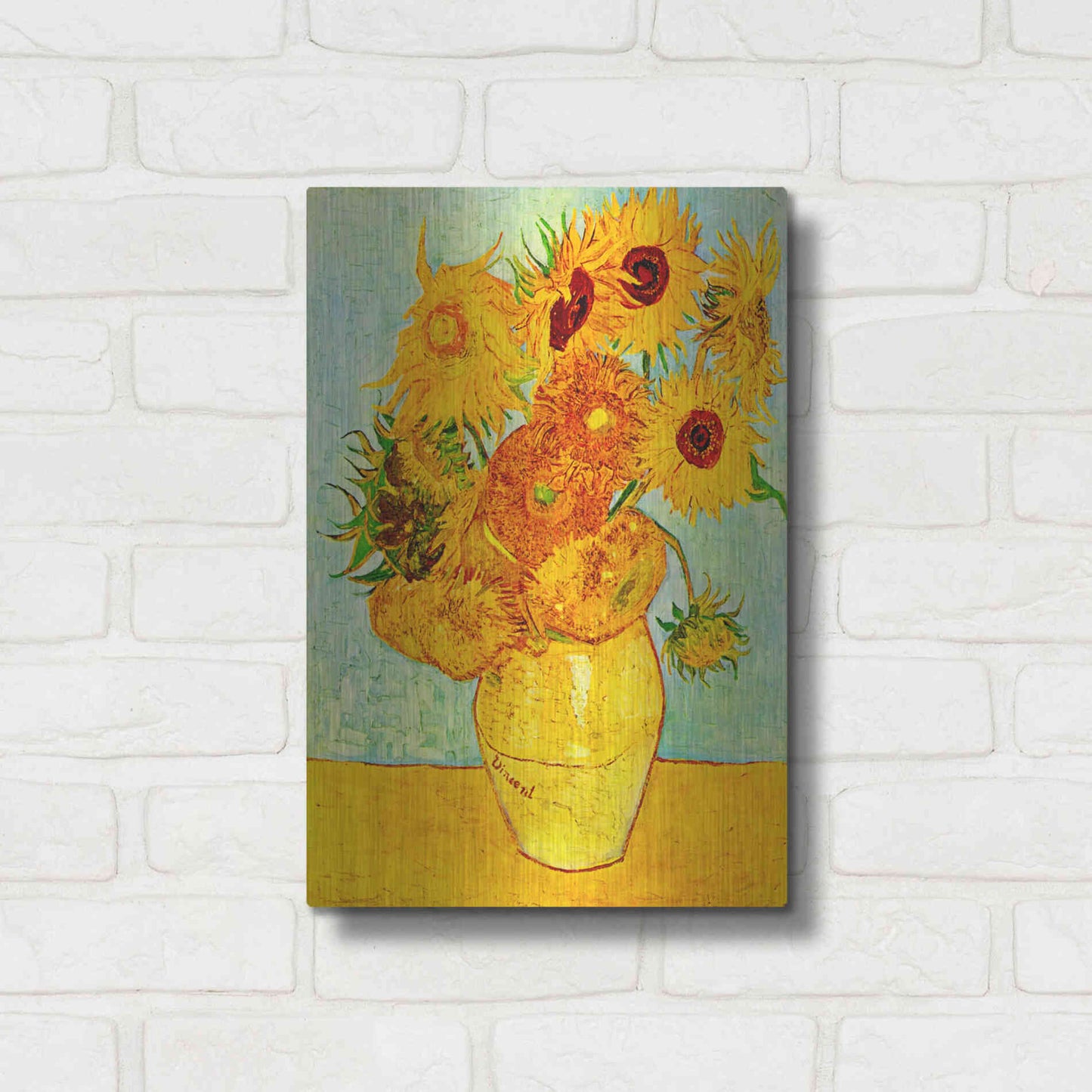 Luxe Metal Art 'Vase With Twelve Sunflowers' by Vincent Van Gogh, Metal Wall Art,12x16