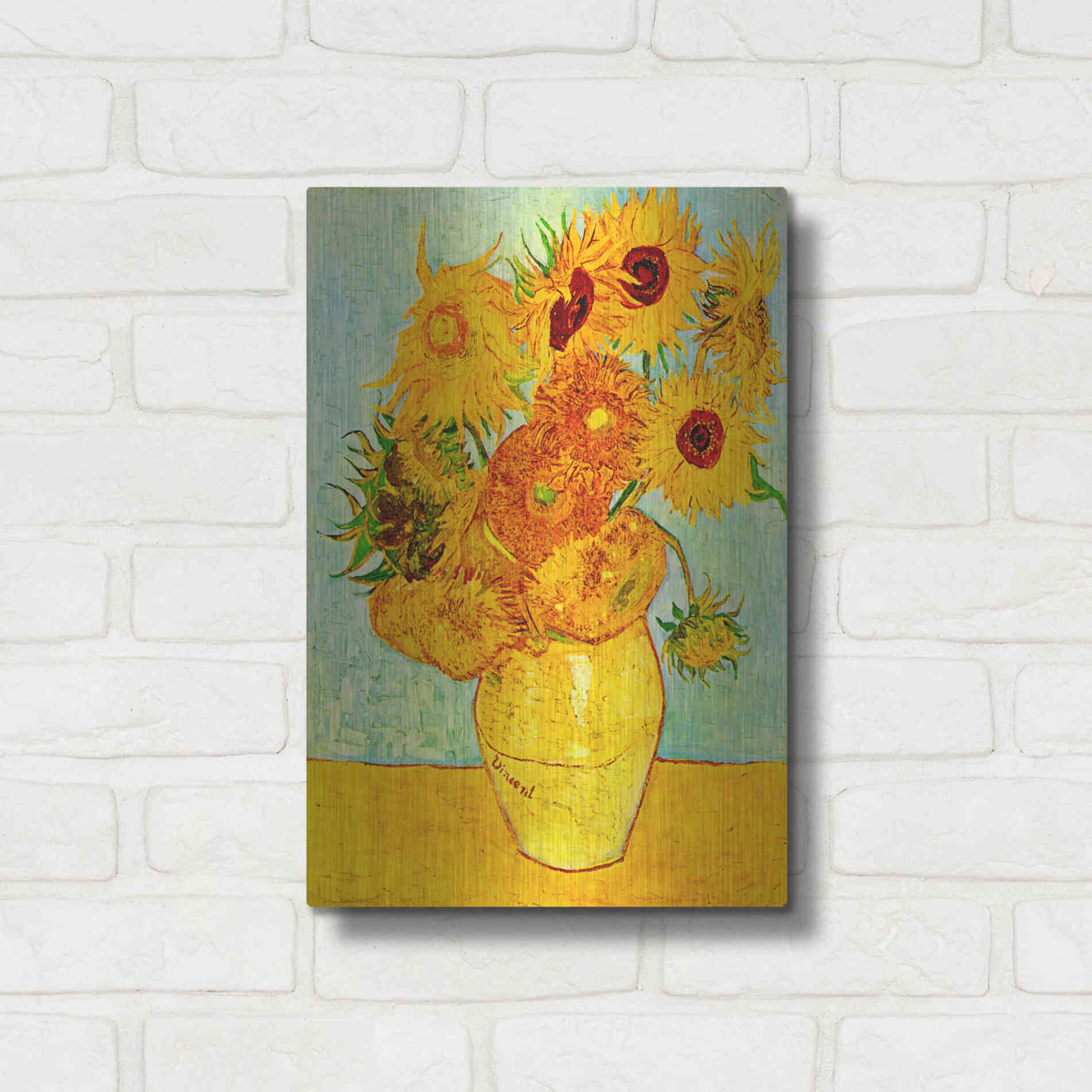 Luxe Metal Art 'Vase With Twelve Sunflowers' by Vincent Van Gogh, Metal Wall Art,12x16
