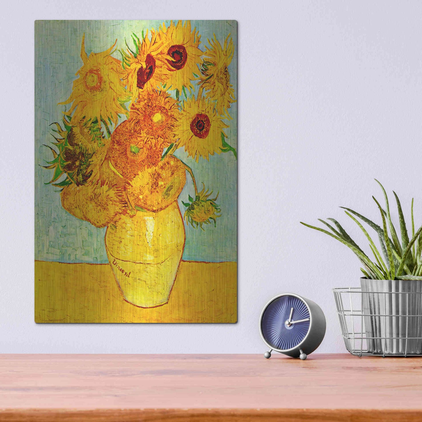 Luxe Metal Art 'Vase With Twelve Sunflowers' by Vincent Van Gogh, Metal Wall Art,12x16