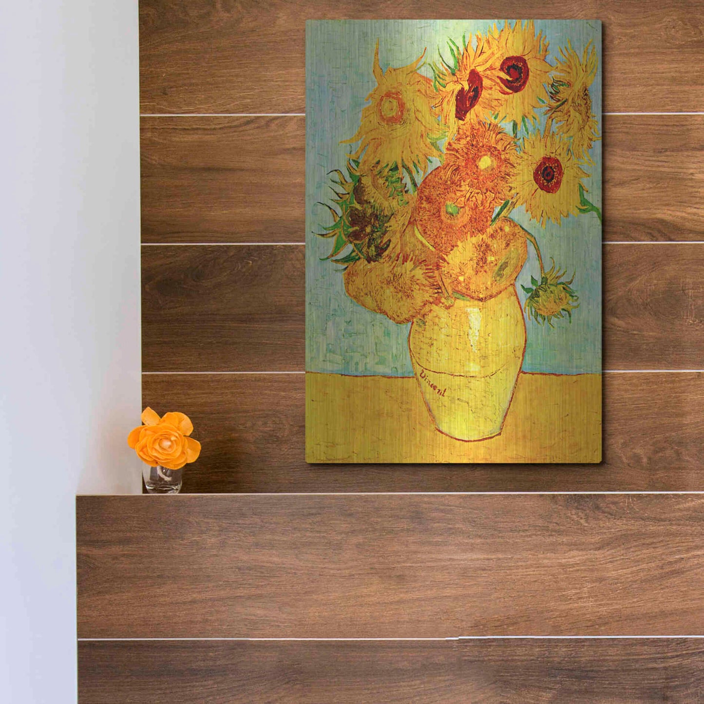 Luxe Metal Art 'Vase With Twelve Sunflowers' by Vincent Van Gogh, Metal Wall Art,12x16