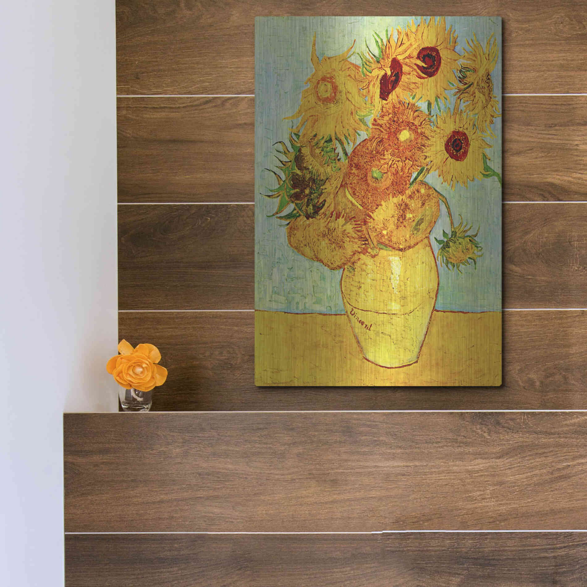 Luxe Metal Art 'Vase With Twelve Sunflowers' by Vincent Van Gogh, Metal Wall Art,12x16