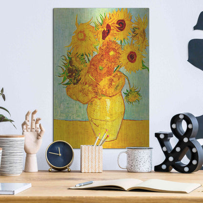 Luxe Metal Art 'Vase With Twelve Sunflowers' by Vincent Van Gogh, Metal Wall Art,12x16