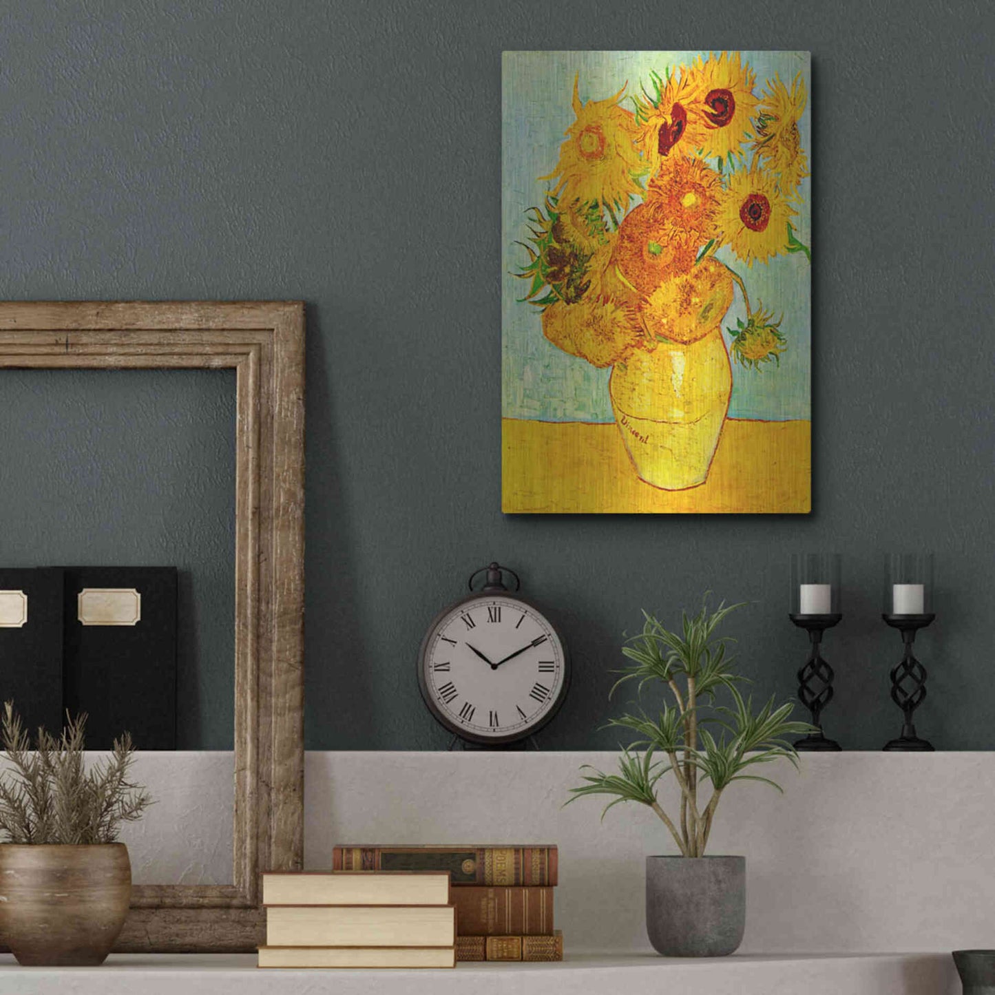 Luxe Metal Art 'Vase With Twelve Sunflowers' by Vincent Van Gogh, Metal Wall Art,12x16