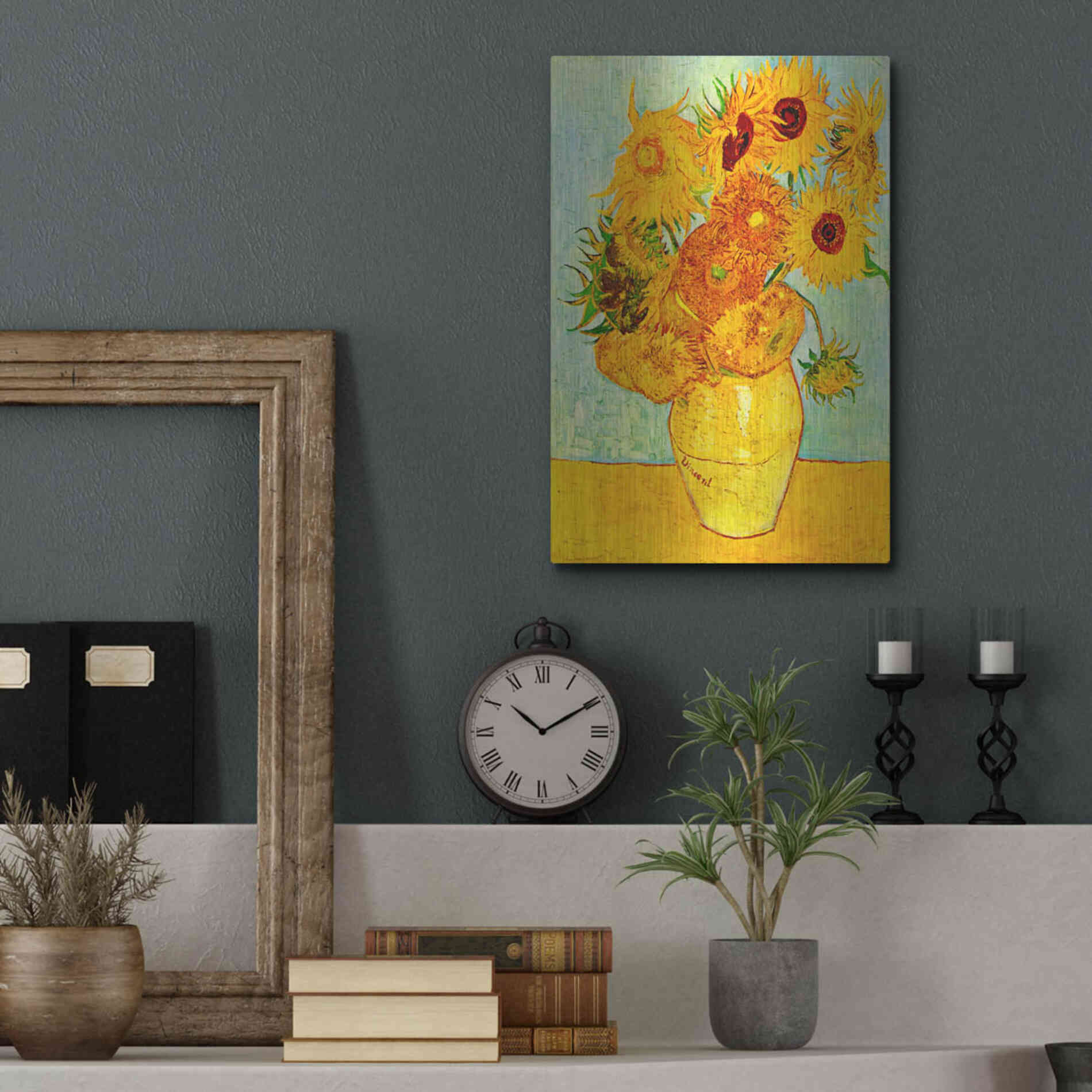 Luxe Metal Art 'Vase With Twelve Sunflowers' by Vincent Van Gogh, Metal Wall Art,12x16