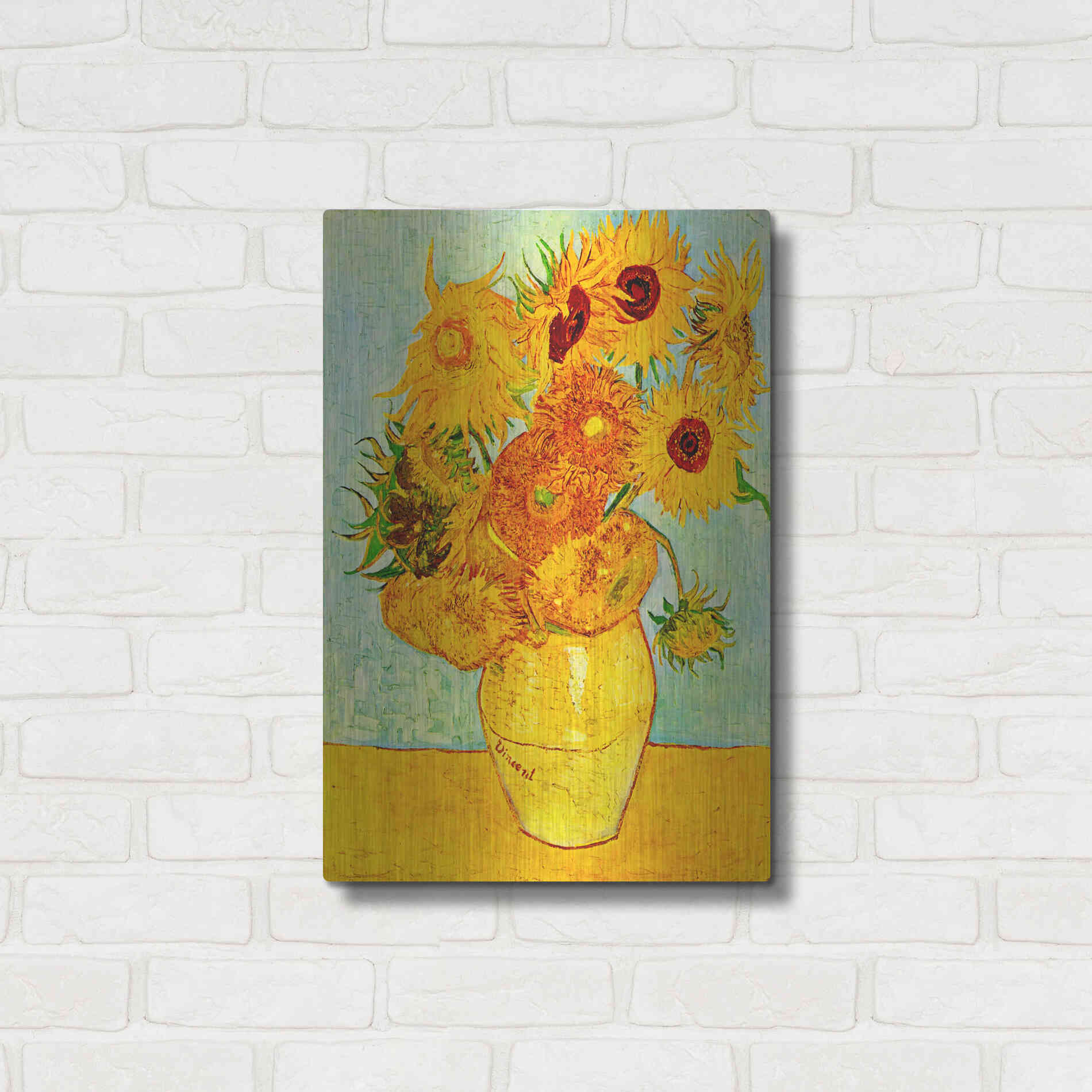 Luxe Metal Art 'Vase With Twelve Sunflowers' by Vincent Van Gogh, Metal Wall Art,16x24