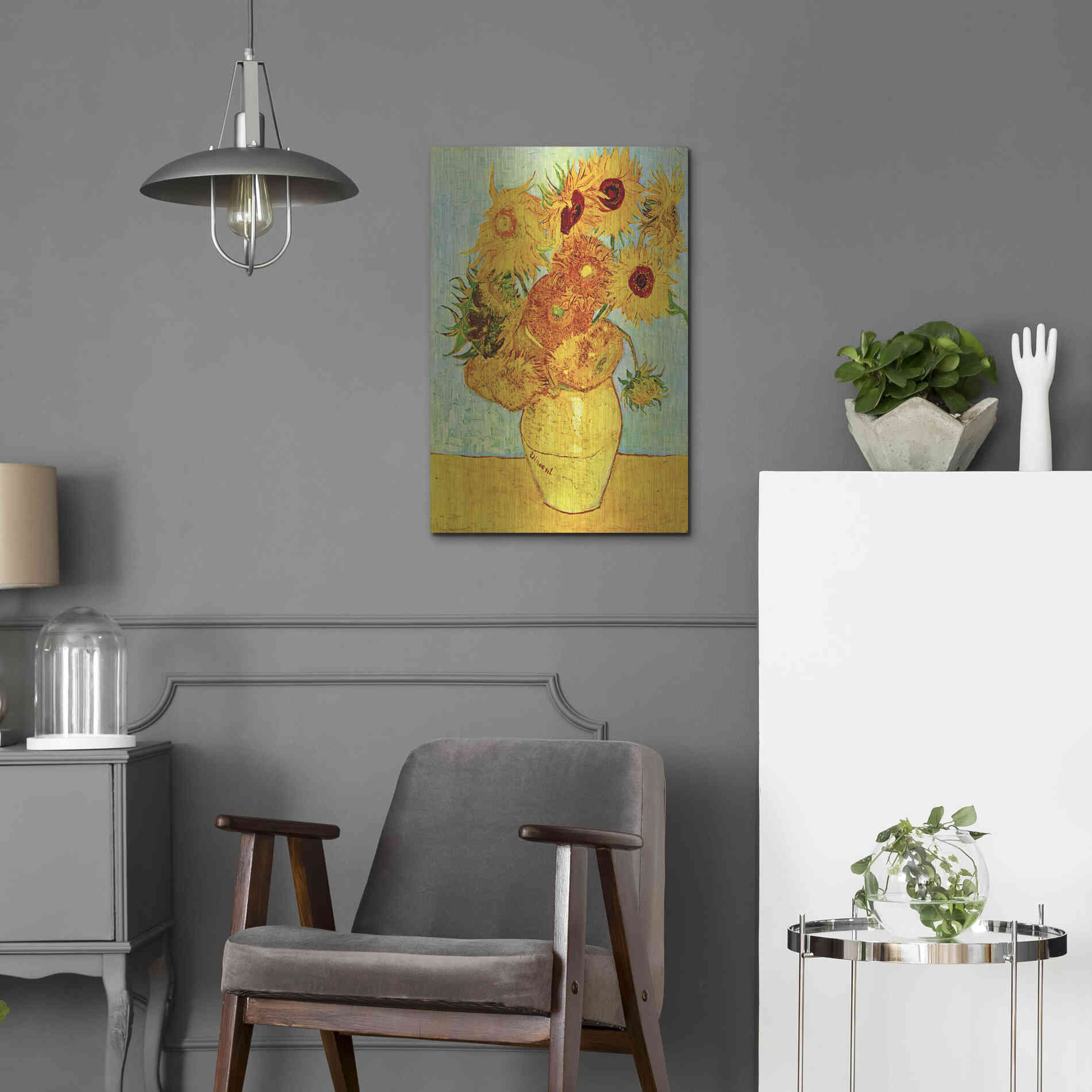 Luxe Metal Art 'Vase With Twelve Sunflowers' by Vincent Van Gogh, Metal Wall Art,16x24