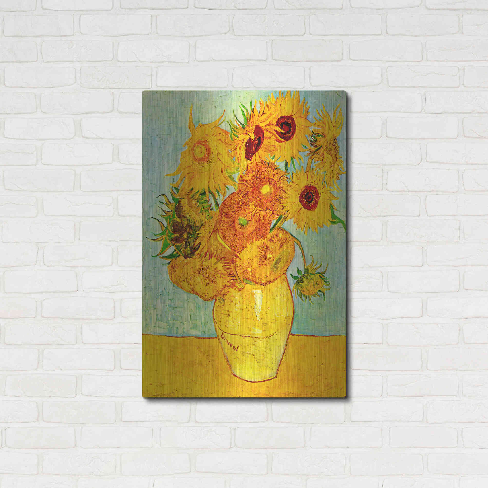 Luxe Metal Art 'Vase With Twelve Sunflowers' by Vincent Van Gogh, Metal Wall Art,24x36