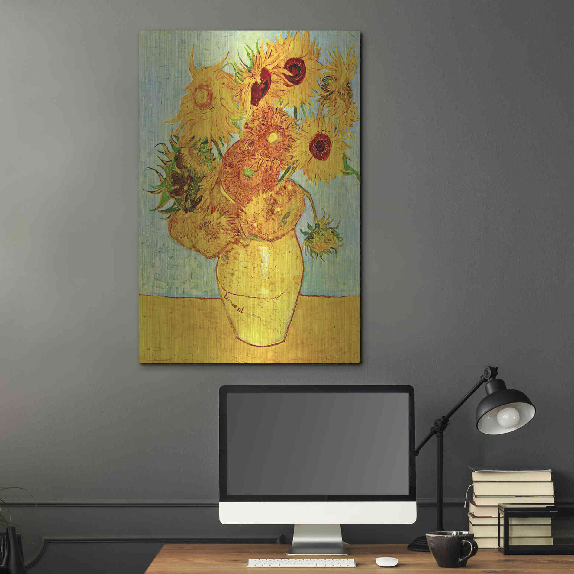 Luxe Metal Art 'Vase With Twelve Sunflowers' by Vincent Van Gogh, Metal Wall Art,24x36
