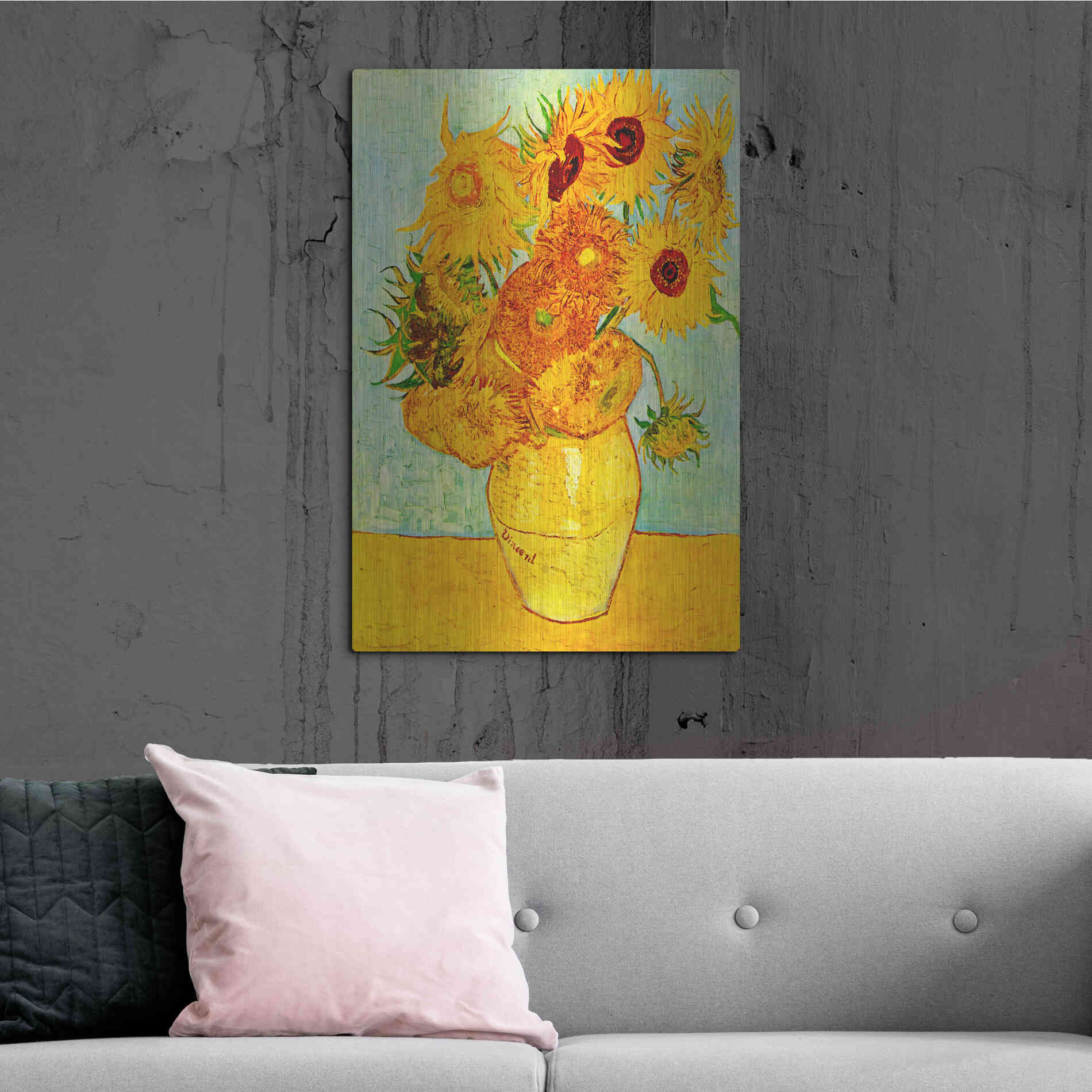 Luxe Metal Art 'Vase With Twelve Sunflowers' by Vincent Van Gogh, Metal Wall Art,24x36