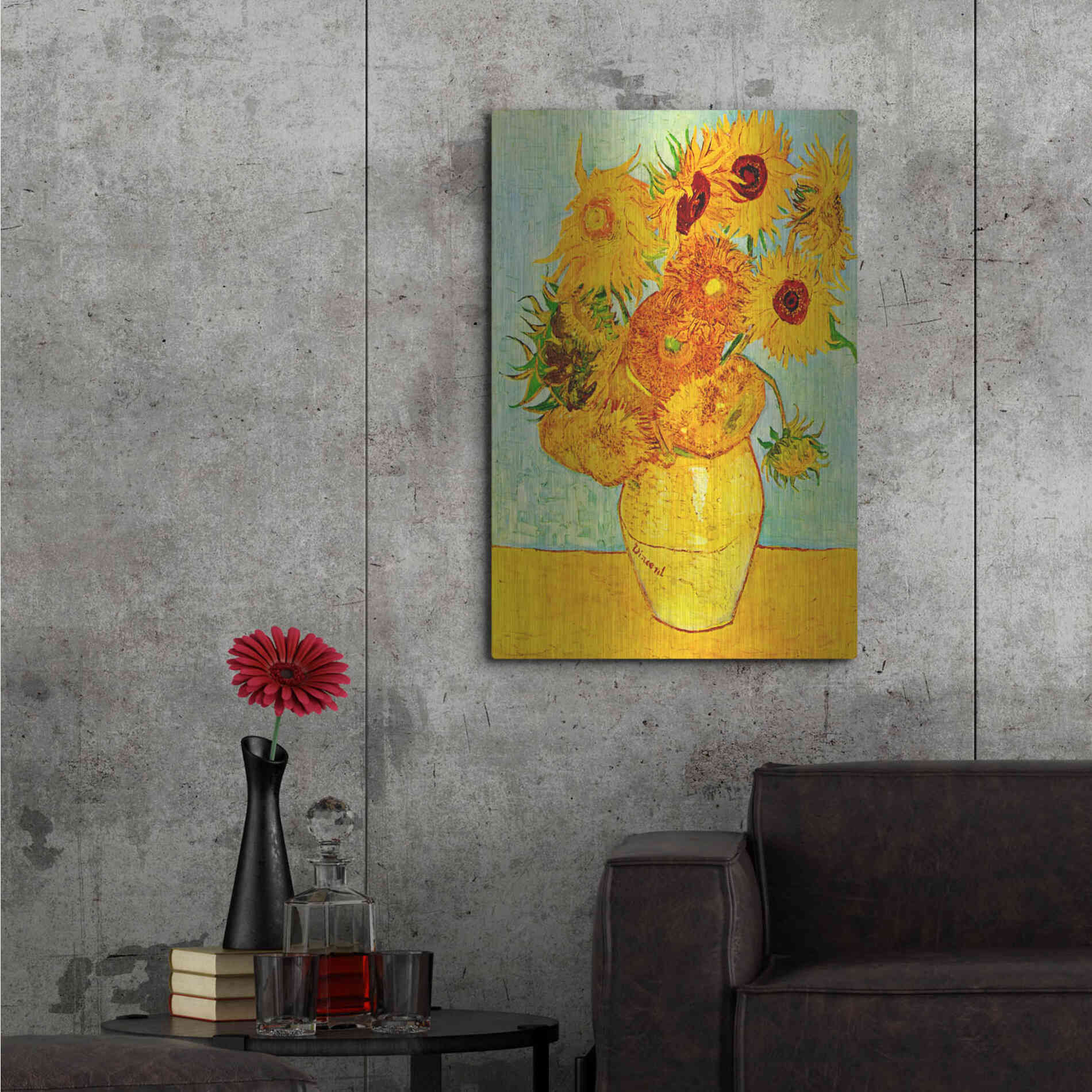 Luxe Metal Art 'Vase With Twelve Sunflowers' by Vincent Van Gogh, Metal Wall Art,24x36