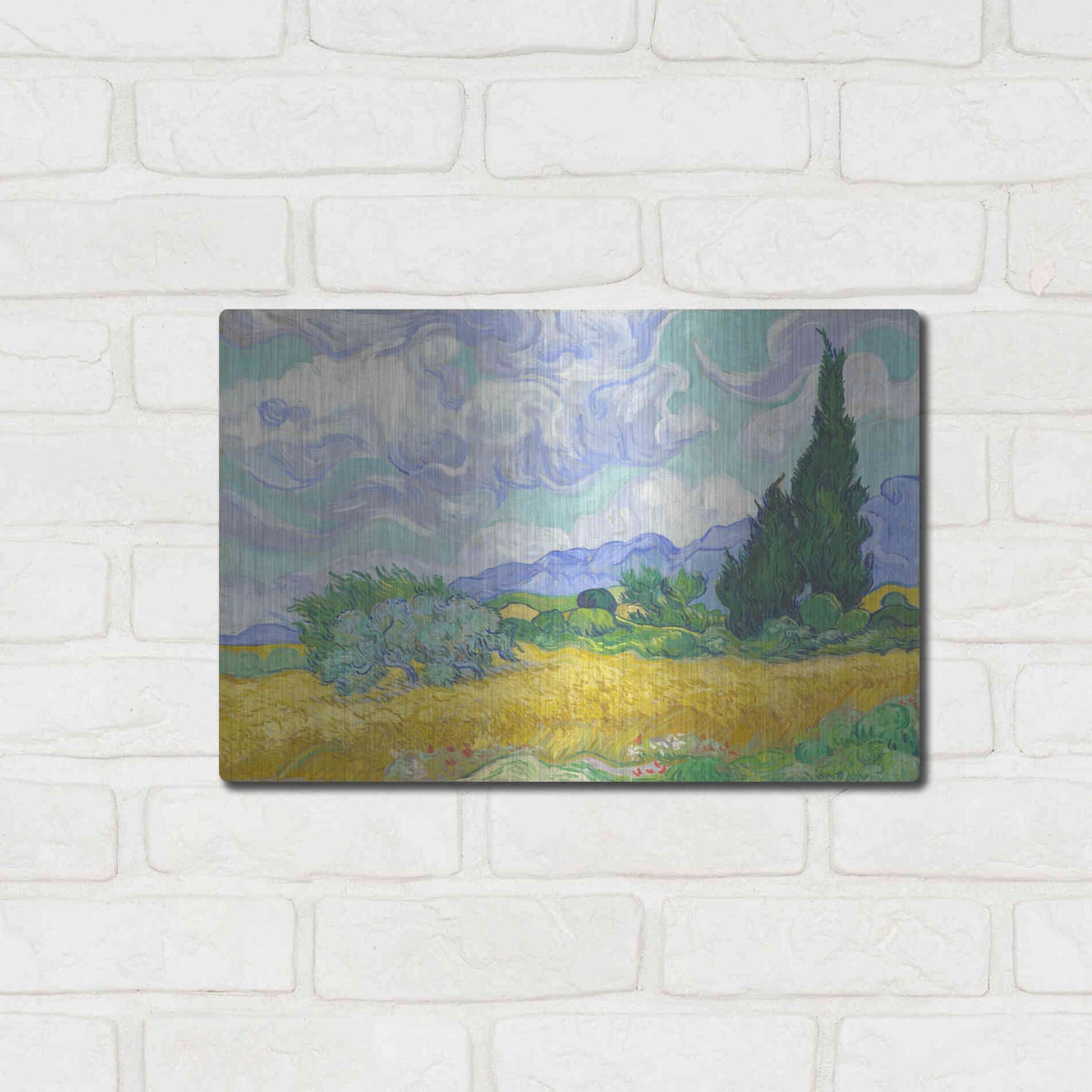 Luxe Metal Art 'Wheat Field with Cypresses' by Vincent Van Gogh, Metal Wall Art,16x12