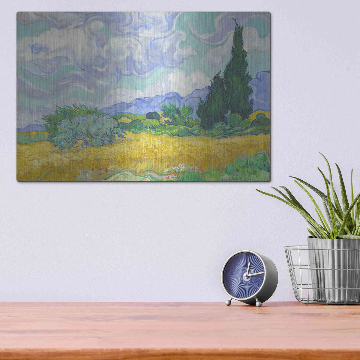 Luxe Metal Art 'Wheat Field with Cypresses' by Vincent Van Gogh, Metal Wall Art,16x12