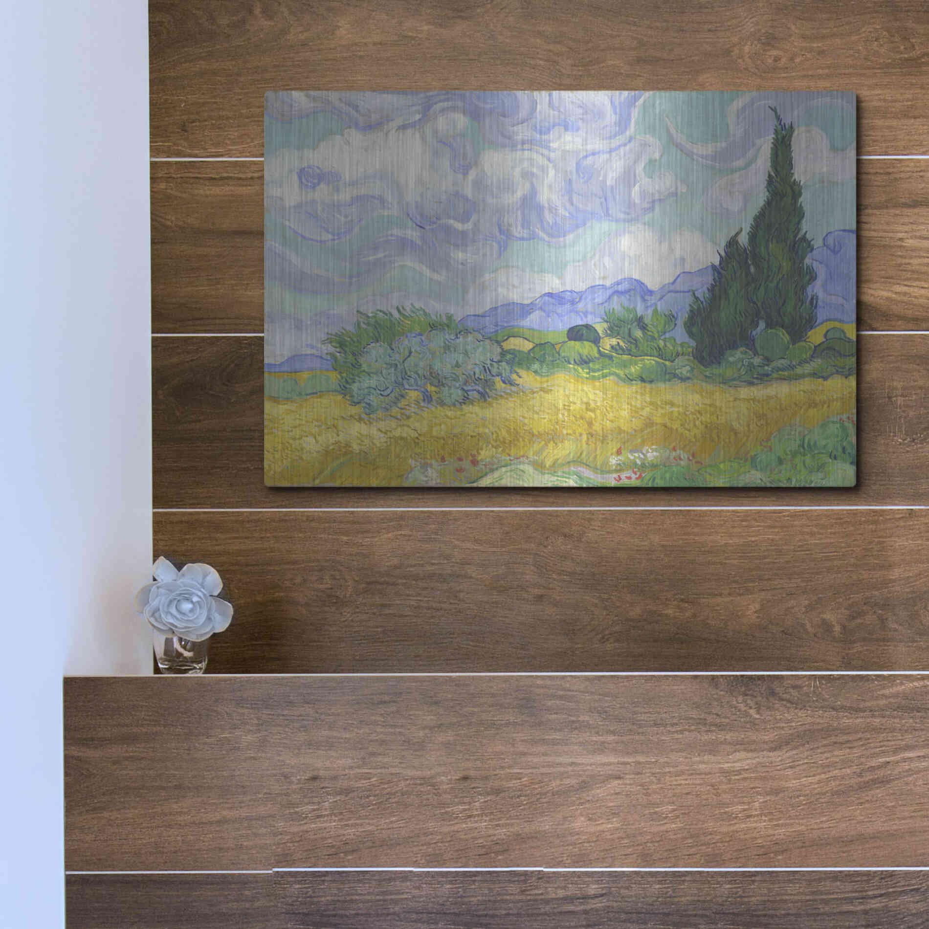 Luxe Metal Art 'Wheat Field with Cypresses' by Vincent Van Gogh, Metal Wall Art,16x12