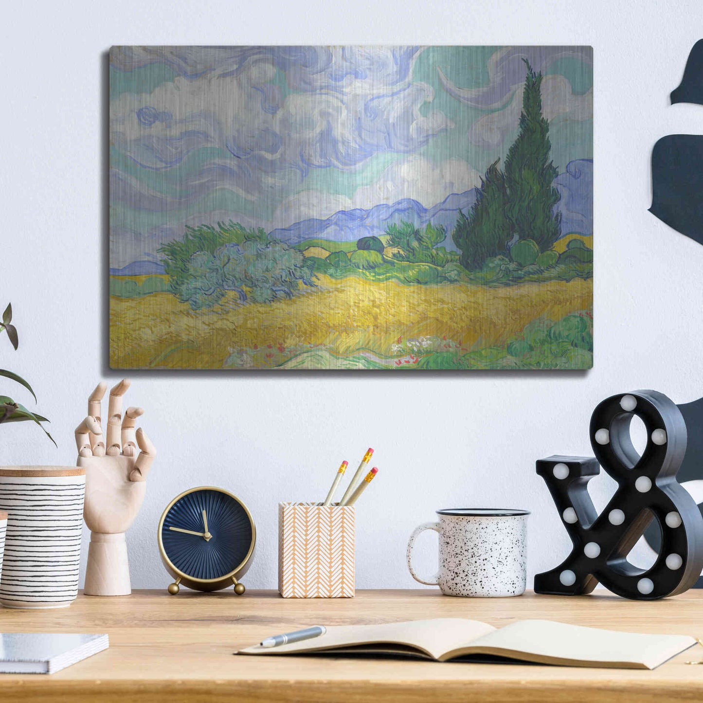 Luxe Metal Art 'Wheat Field with Cypresses' by Vincent Van Gogh, Metal Wall Art,16x12