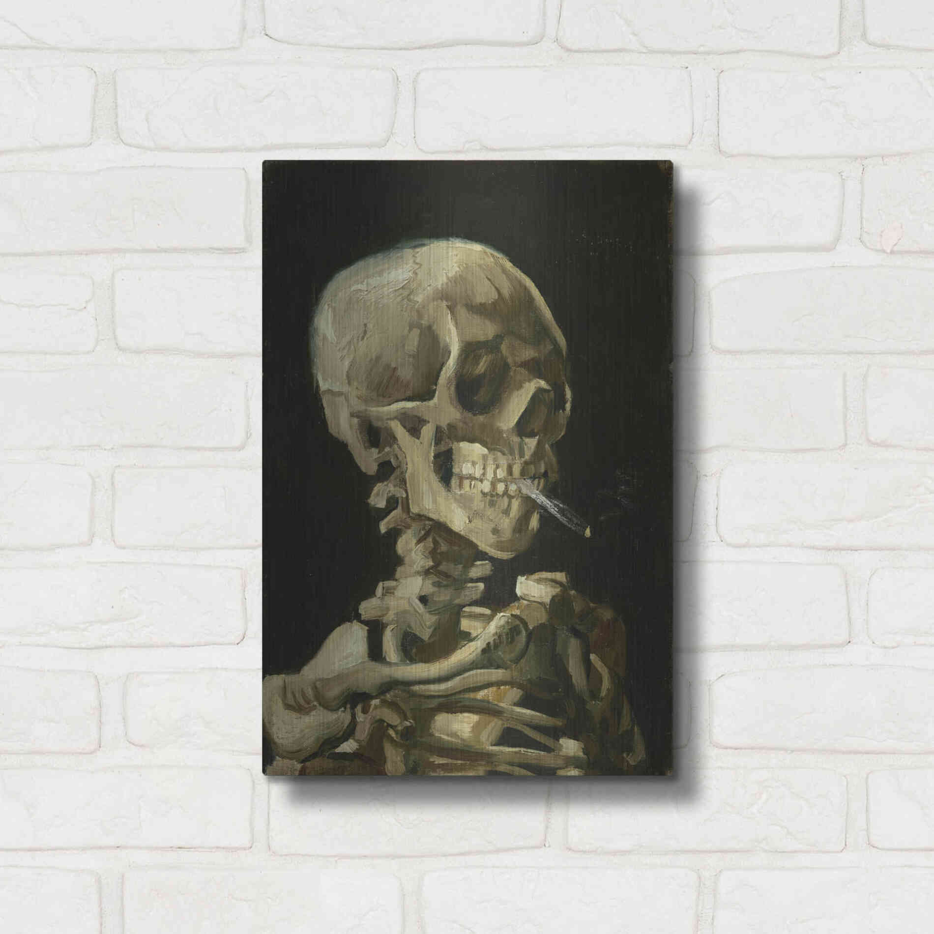 Luxe Metal Art 'Head of a Skeleton with a Burning Cigarette' by Vincent Van Gogh, Metal Wall Art,12x16