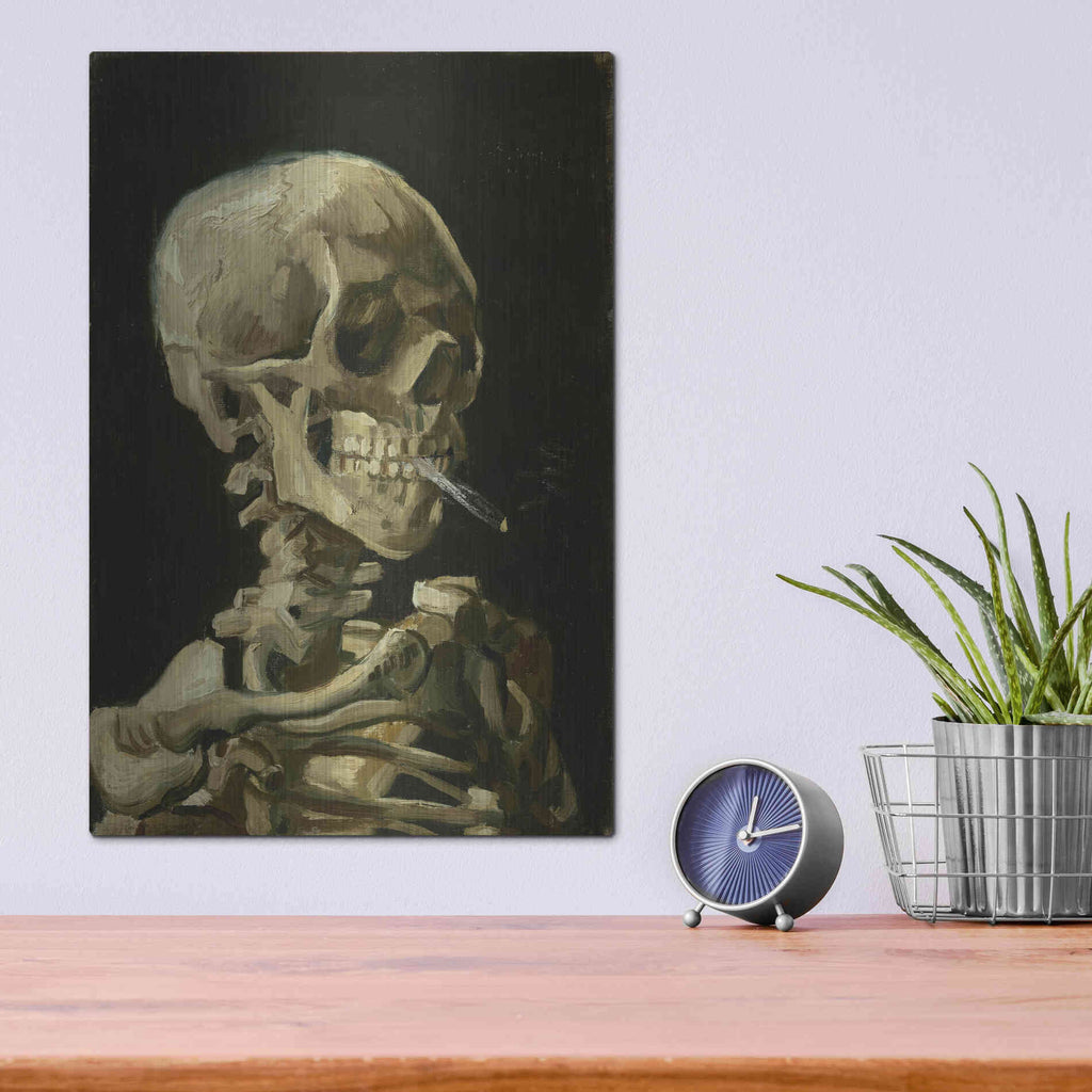 Luxe Metal Art 'Head of a Skeleton with a Burning Cigarette' by Vincent Van Gogh, Metal Wall Art,12x16