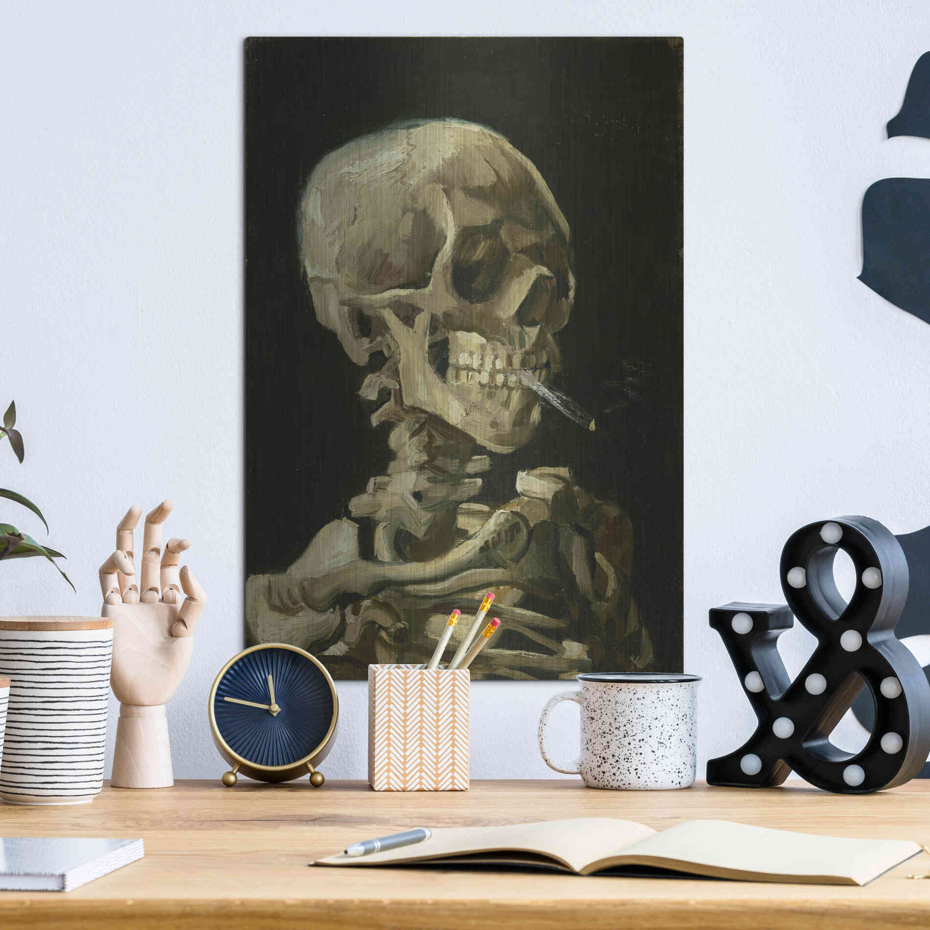 Luxe Metal Art 'Head of a Skeleton with a Burning Cigarette' by Vincent Van Gogh, Metal Wall Art,12x16