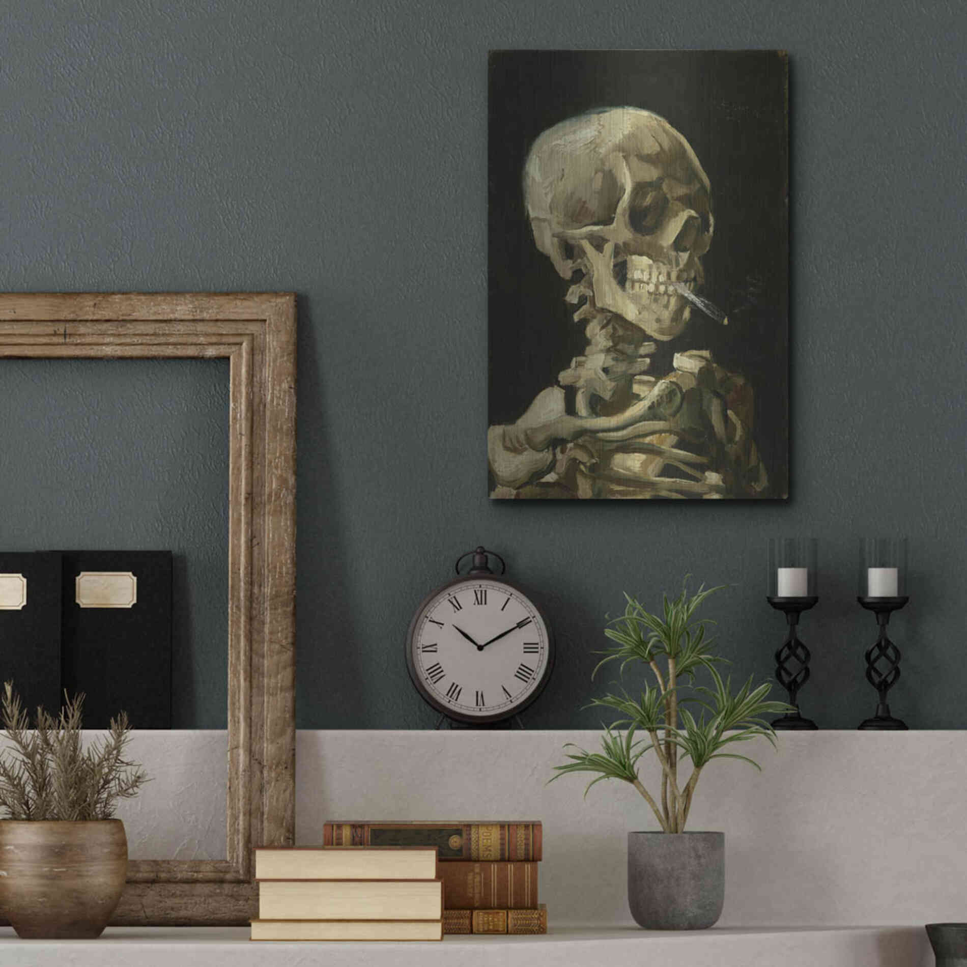 Luxe Metal Art 'Head of a Skeleton with a Burning Cigarette' by Vincent Van Gogh, Metal Wall Art,12x16