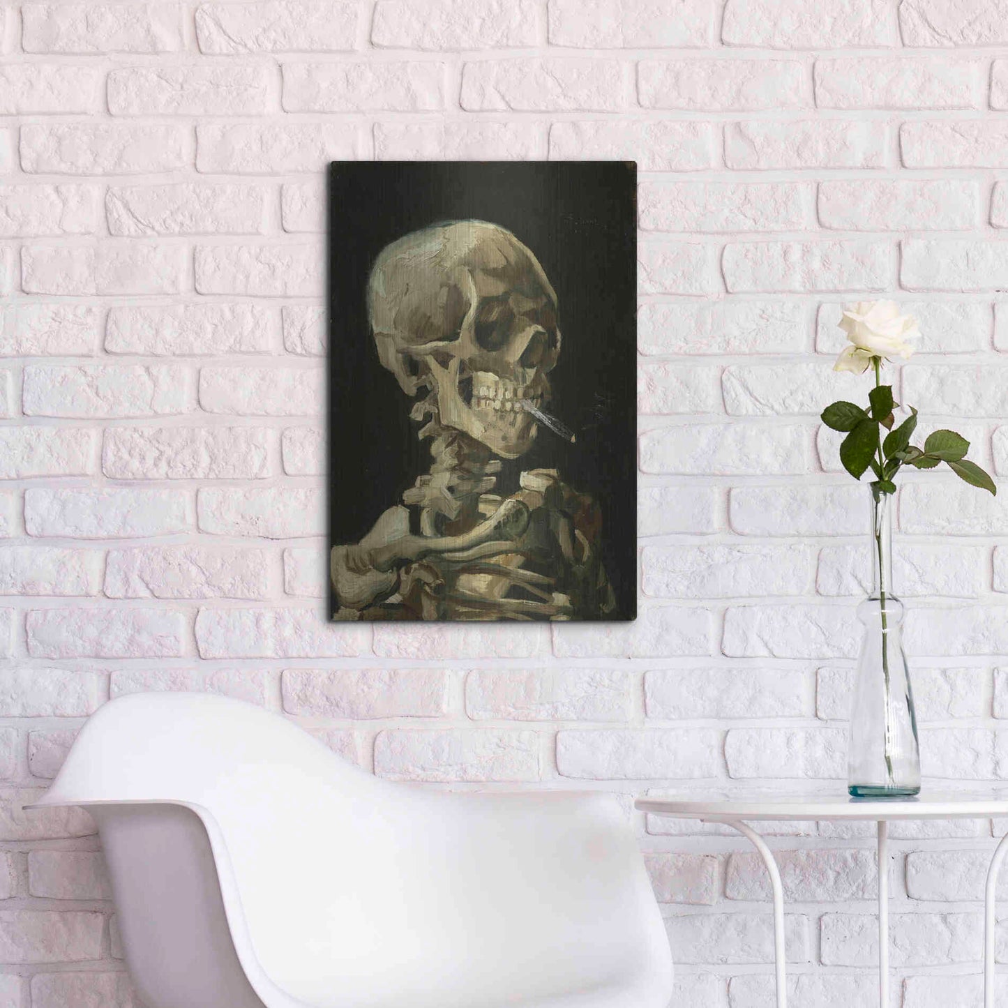 Luxe Metal Art 'Head of a Skeleton with a Burning Cigarette' by Vincent Van Gogh, Metal Wall Art,16x24
