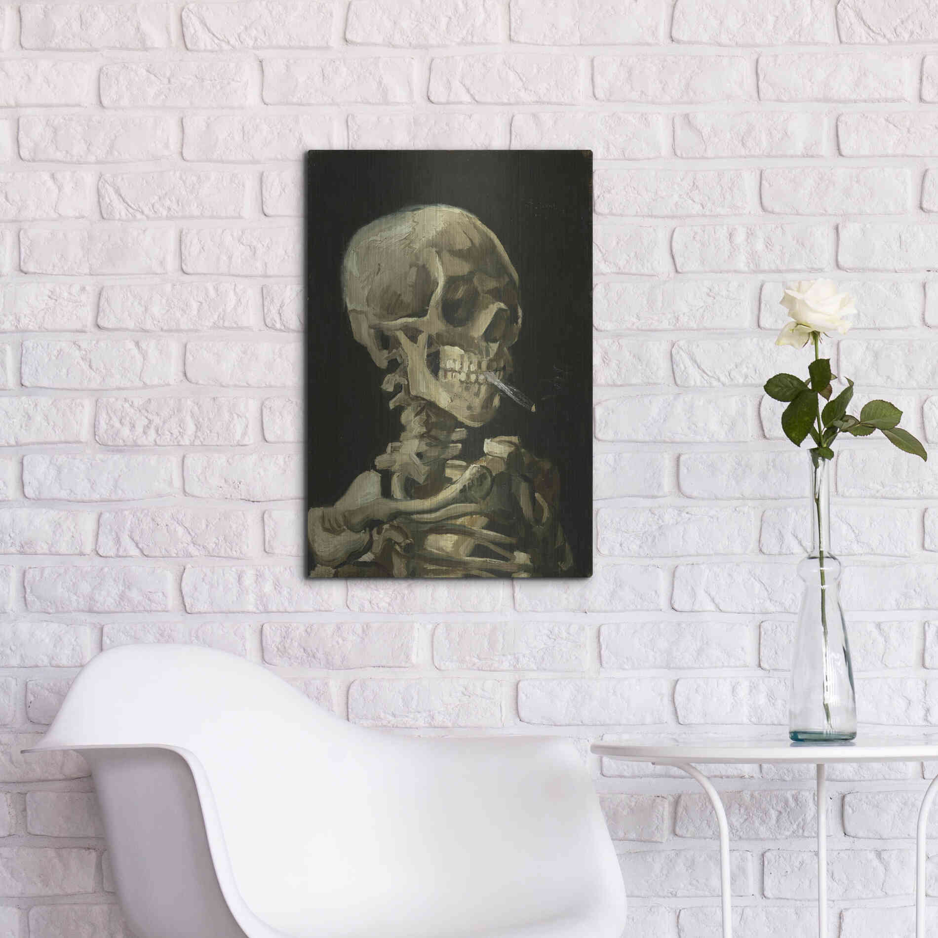 Luxe Metal Art 'Head of a Skeleton with a Burning Cigarette' by Vincent Van Gogh, Metal Wall Art,16x24