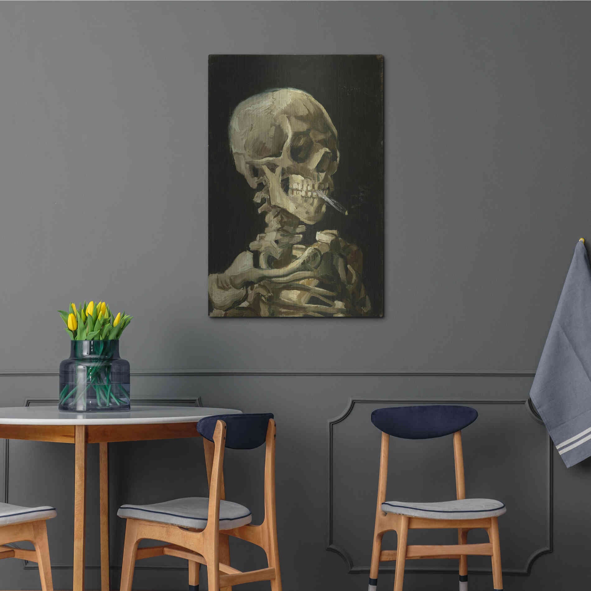 Luxe Metal Art 'Head of a Skeleton with a Burning Cigarette' by Vincent Van Gogh, Metal Wall Art,24x36