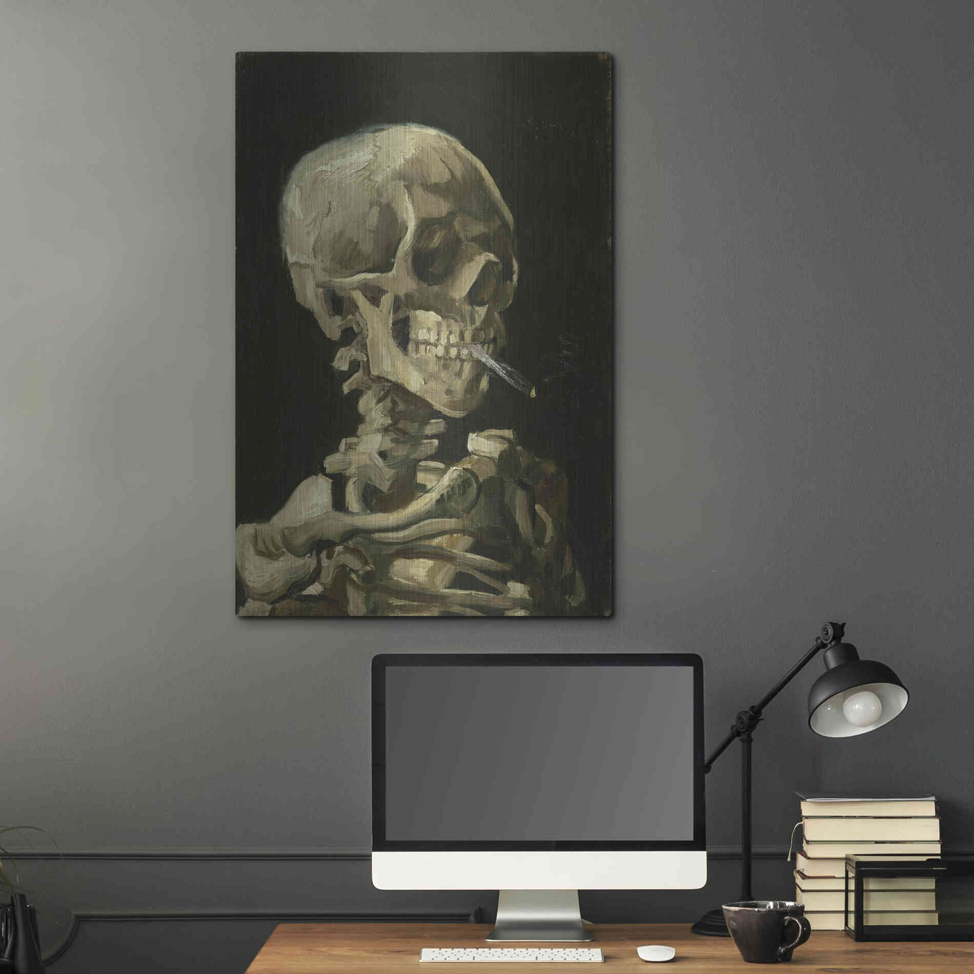 Luxe Metal Art 'Head of a Skeleton with a Burning Cigarette' by Vincent Van Gogh, Metal Wall Art,24x36