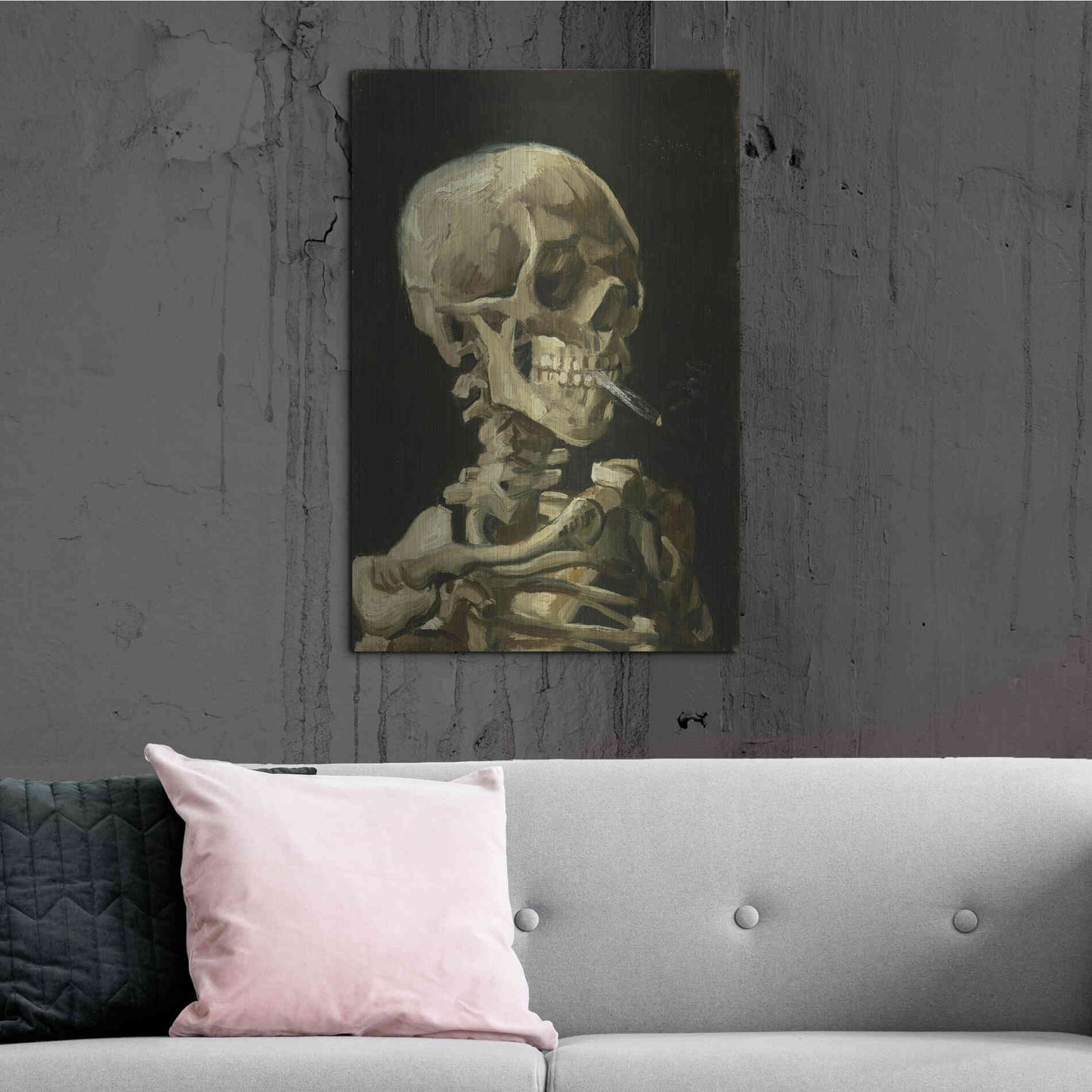 Luxe Metal Art 'Head of a Skeleton with a Burning Cigarette' by Vincent Van Gogh, Metal Wall Art,24x36