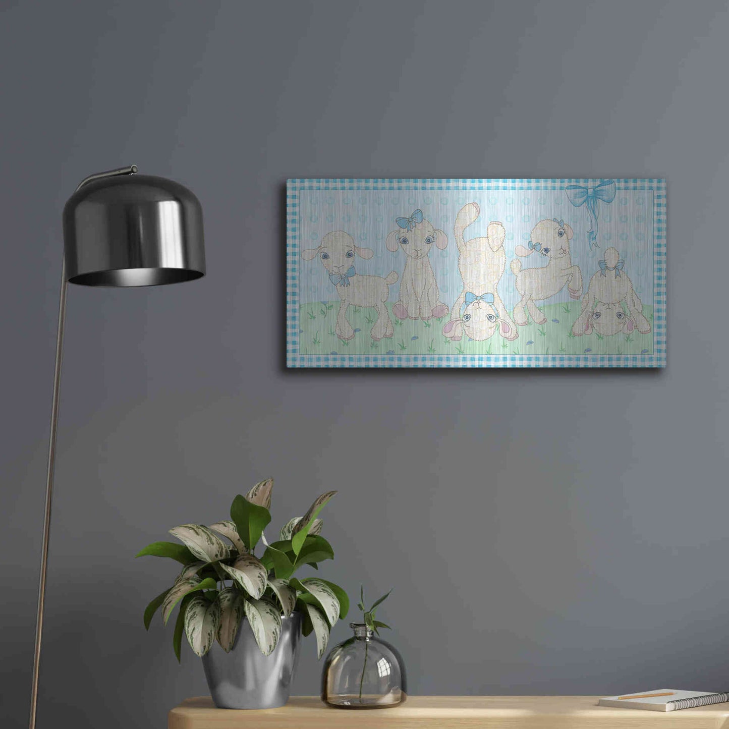 Luxe Metal Art 'Baby Shower Blue Lambs' by Elyse DeNeige, Metal Wall Art,24x12