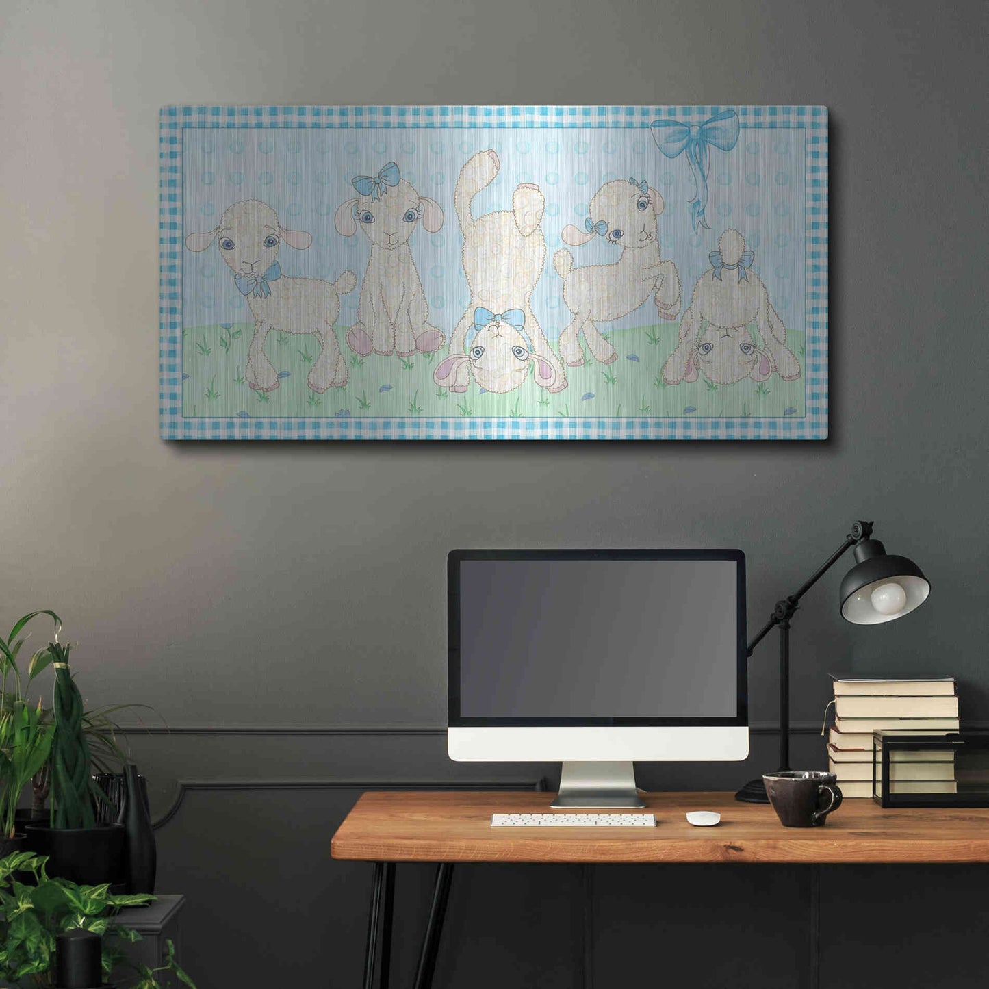 Luxe Metal Art 'Baby Shower Blue Lambs' by Elyse DeNeige, Metal Wall Art,48x24