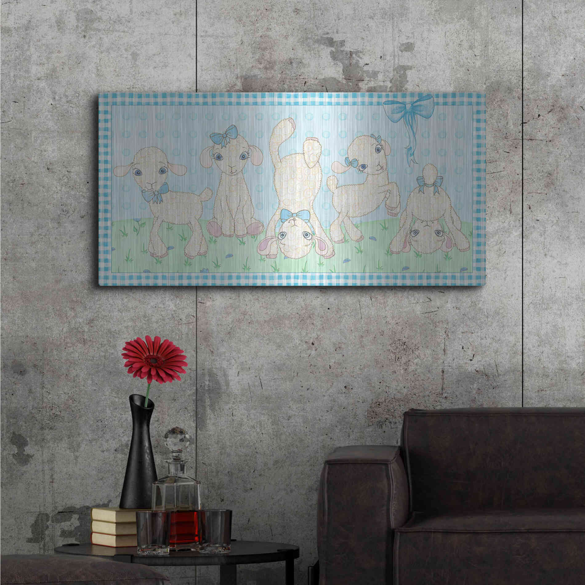 Luxe Metal Art 'Baby Shower Blue Lambs' by Elyse DeNeige, Metal Wall Art,48x24