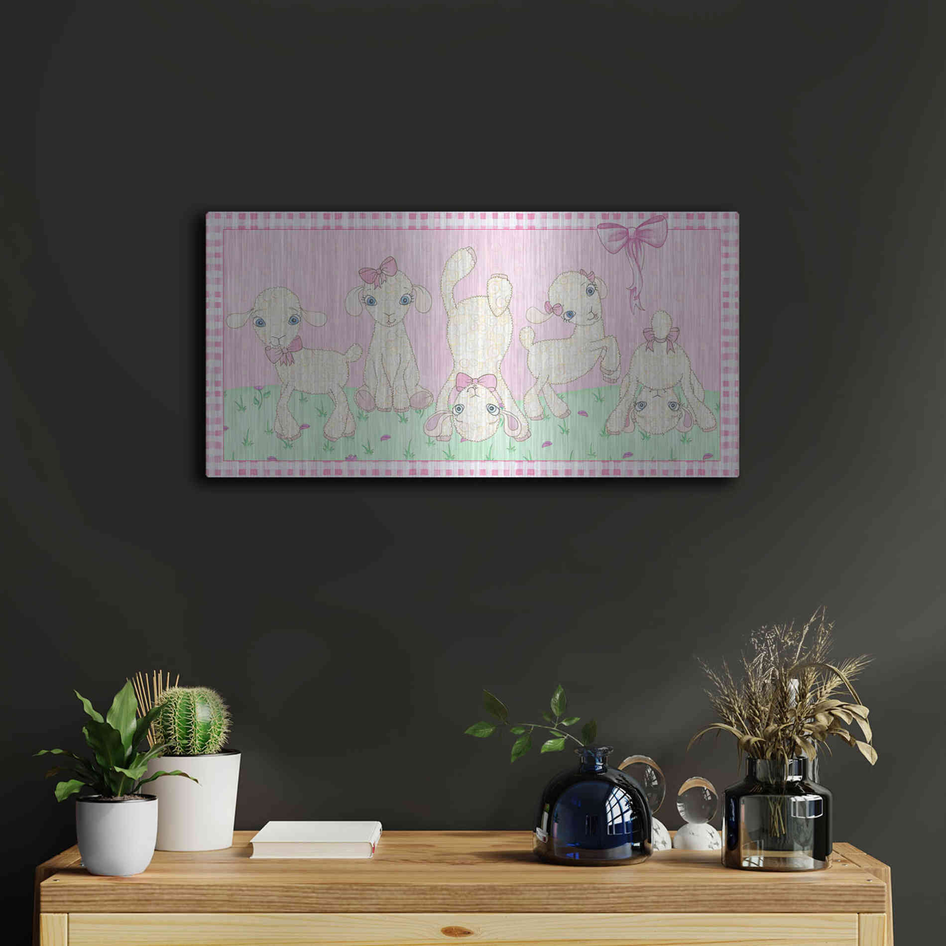 Luxe Metal Art 'Baby Shower Pink Lambs' by Elyse DeNeige, Metal Wall Art,24x12