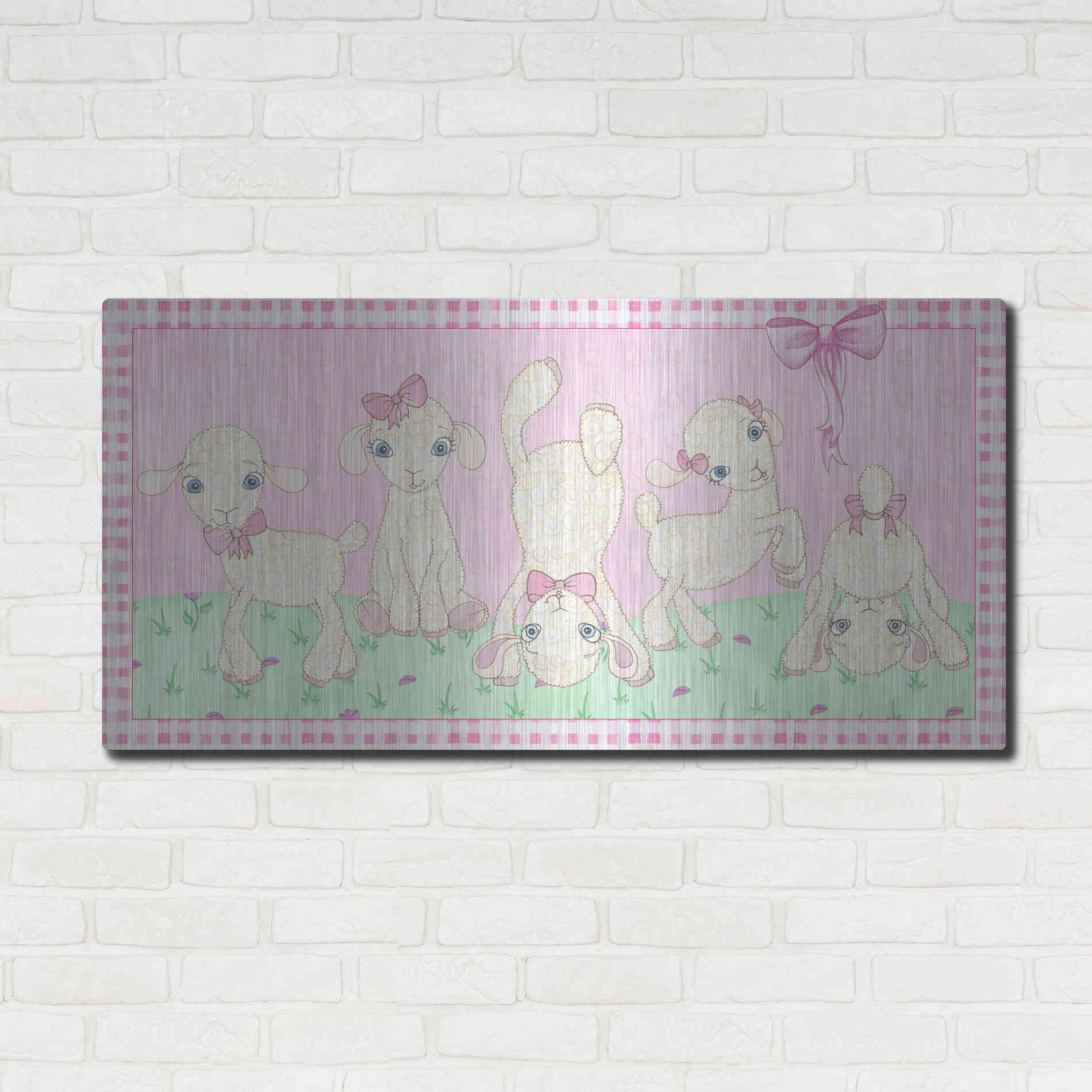 Luxe Metal Art 'Baby Shower Pink Lambs' by Elyse DeNeige, Metal Wall Art,48x24