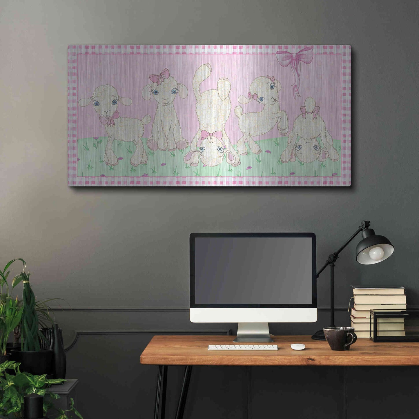 Luxe Metal Art 'Baby Shower Pink Lambs' by Elyse DeNeige, Metal Wall Art,48x24