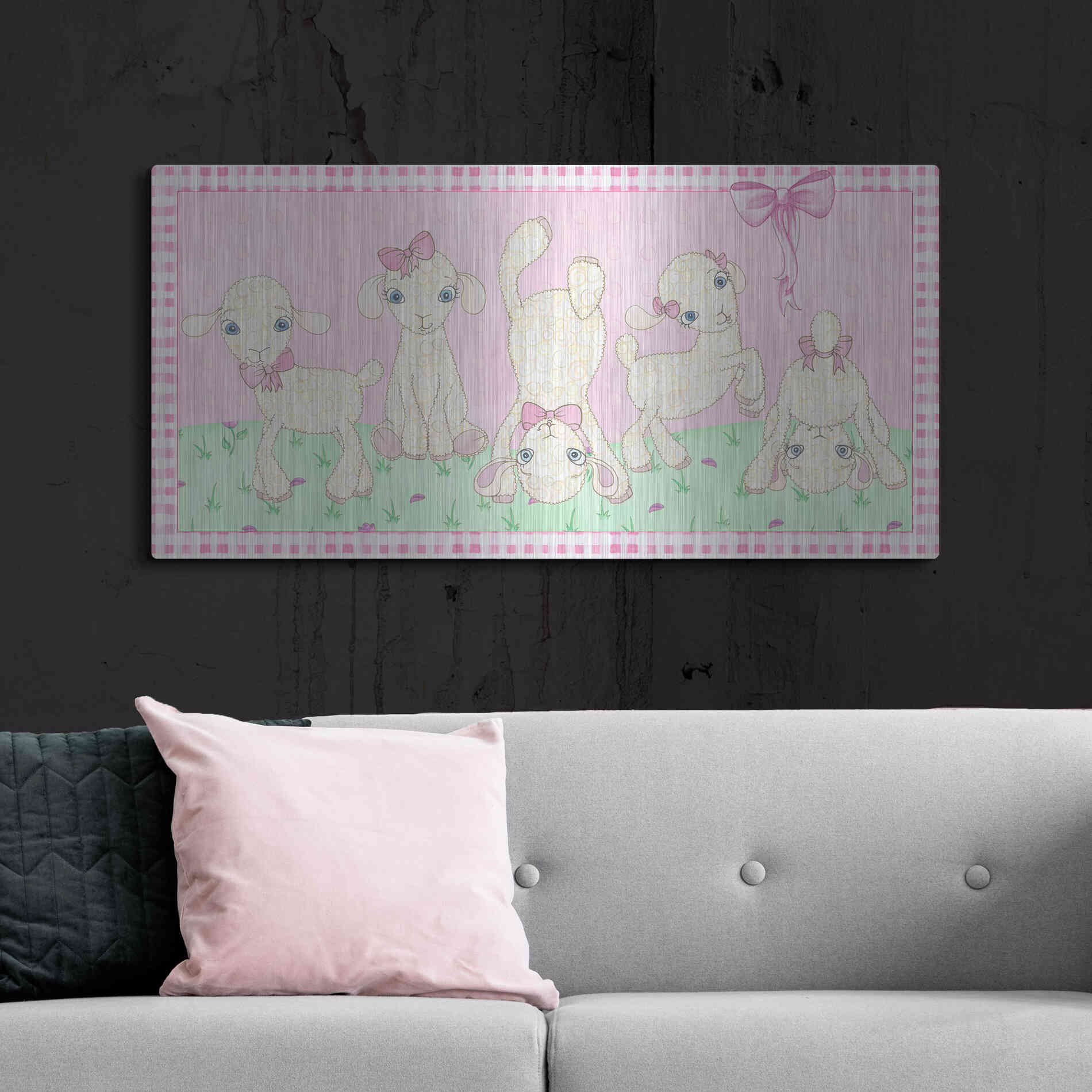 Luxe Metal Art 'Baby Shower Pink Lambs' by Elyse DeNeige, Metal Wall Art,48x24